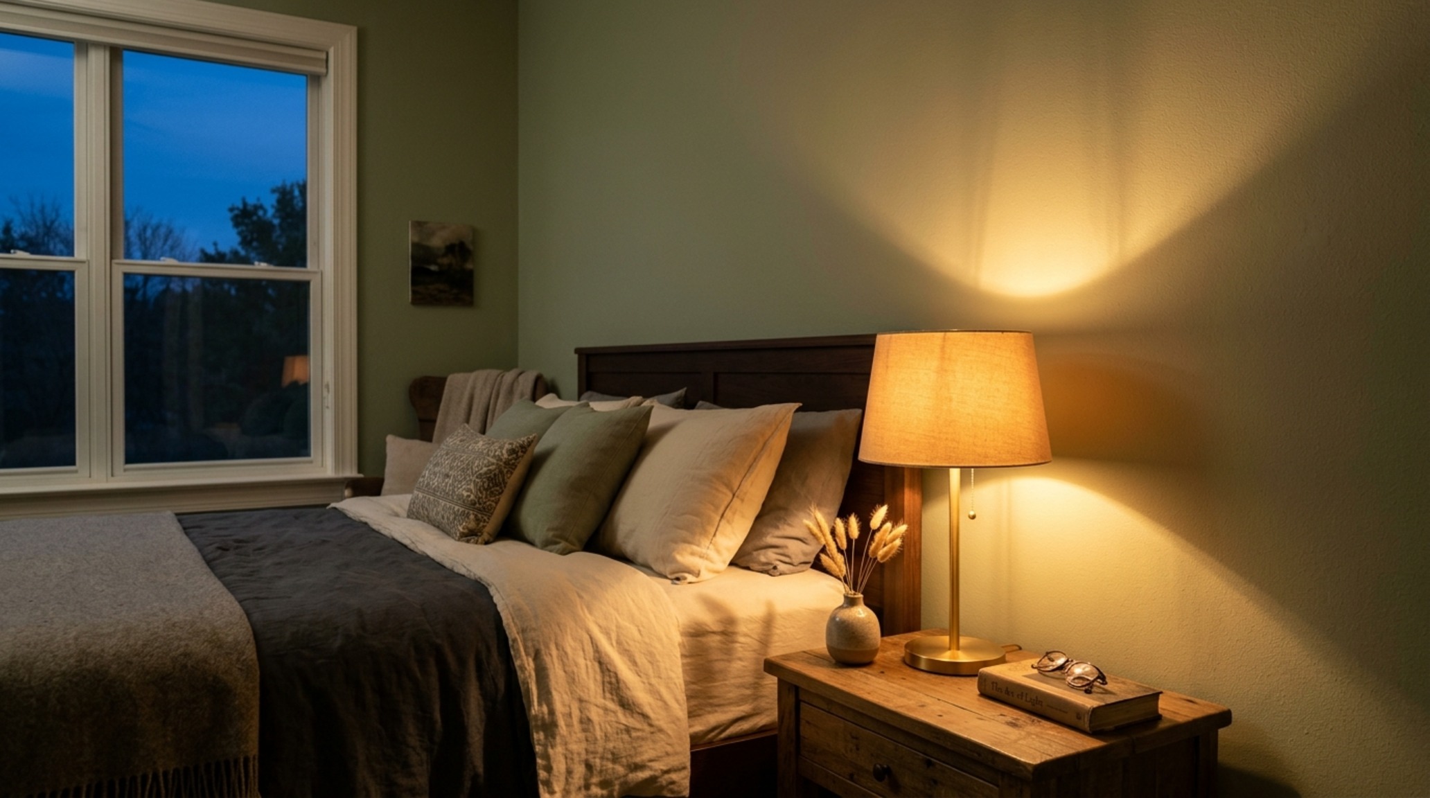 painting my bedroom ideas lighting guide illustrating the effect of 2700K warm ambient light on a textured sage green wall