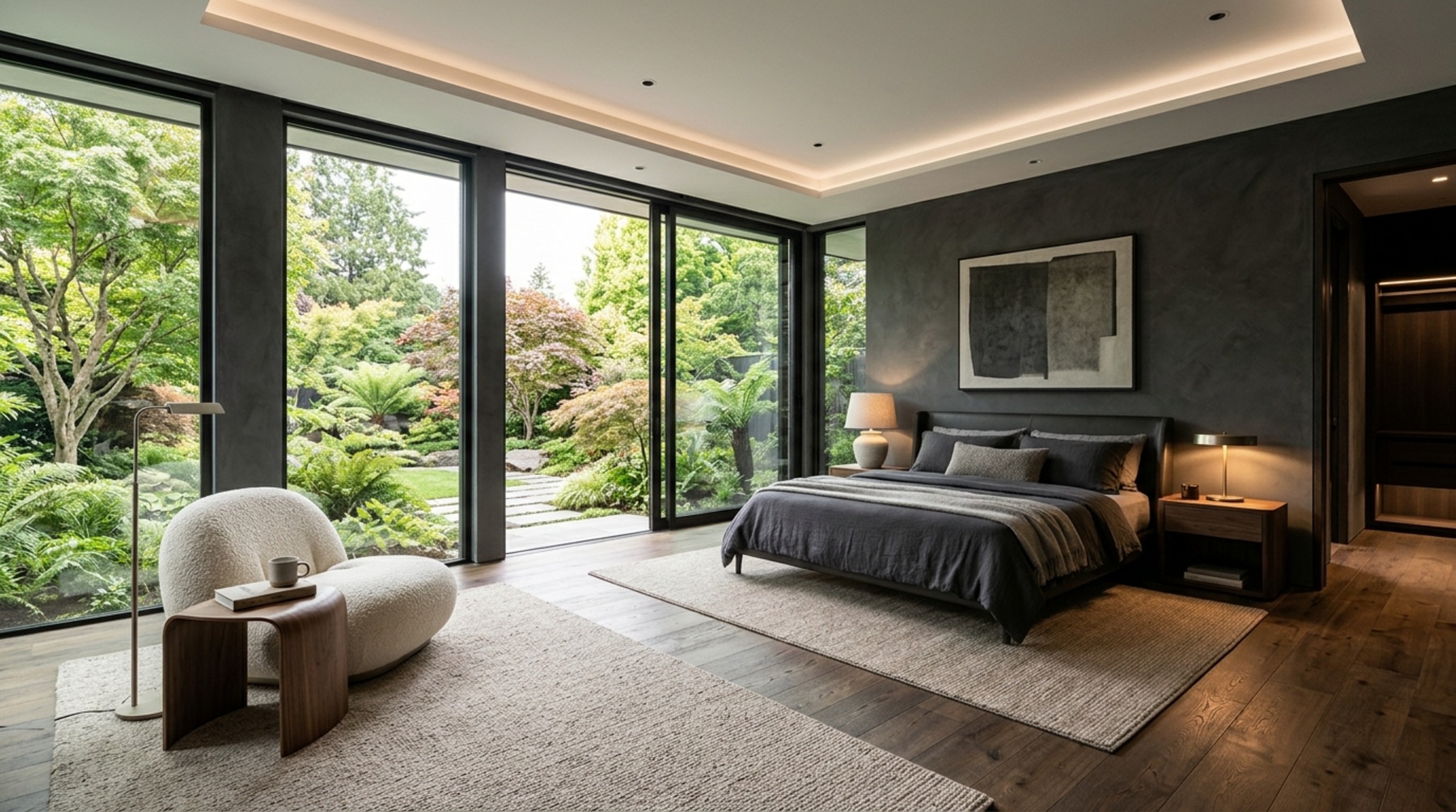 modern painting my bedroom ideas ideas showing a holistic view of a master suite with floor-to-ceiling windows and charcoal accents