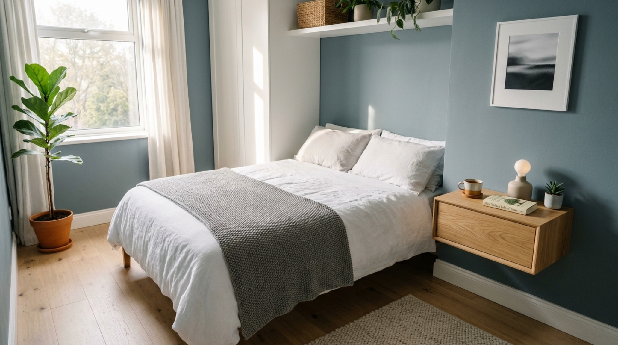 small space painting my bedroom ideas featuring a floating nightstand and integrated sconce to maintain 36-inch floor clearances