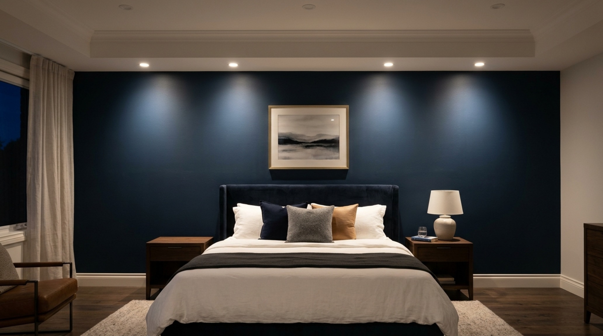 painting my bedroom ideas lighting guide showing the importance of High CRI bulbs in rendering a deep navy accent wall