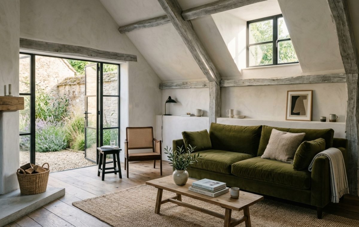 rustic minimalist living room featuring a low-profile velvet sofa, reclaimed timber ceiling beams, and 36-inch clear walkways