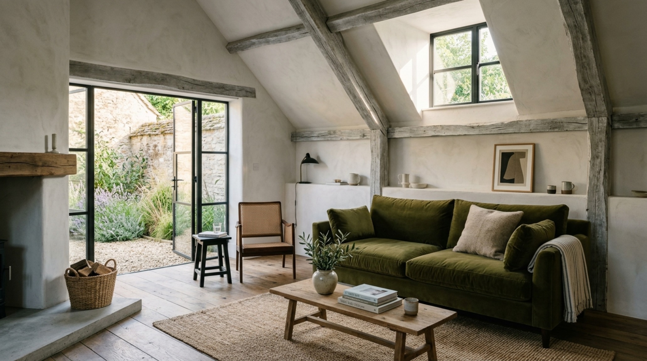 rustic minimalist living room featuring a low-profile velvet sofa, reclaimed timber ceiling beams, and 36-inch clear walkways rustic minimalist living room featuring a low-profile velvet sofa, reclaimed timber ceiling beams, and 36-inch clear walkways