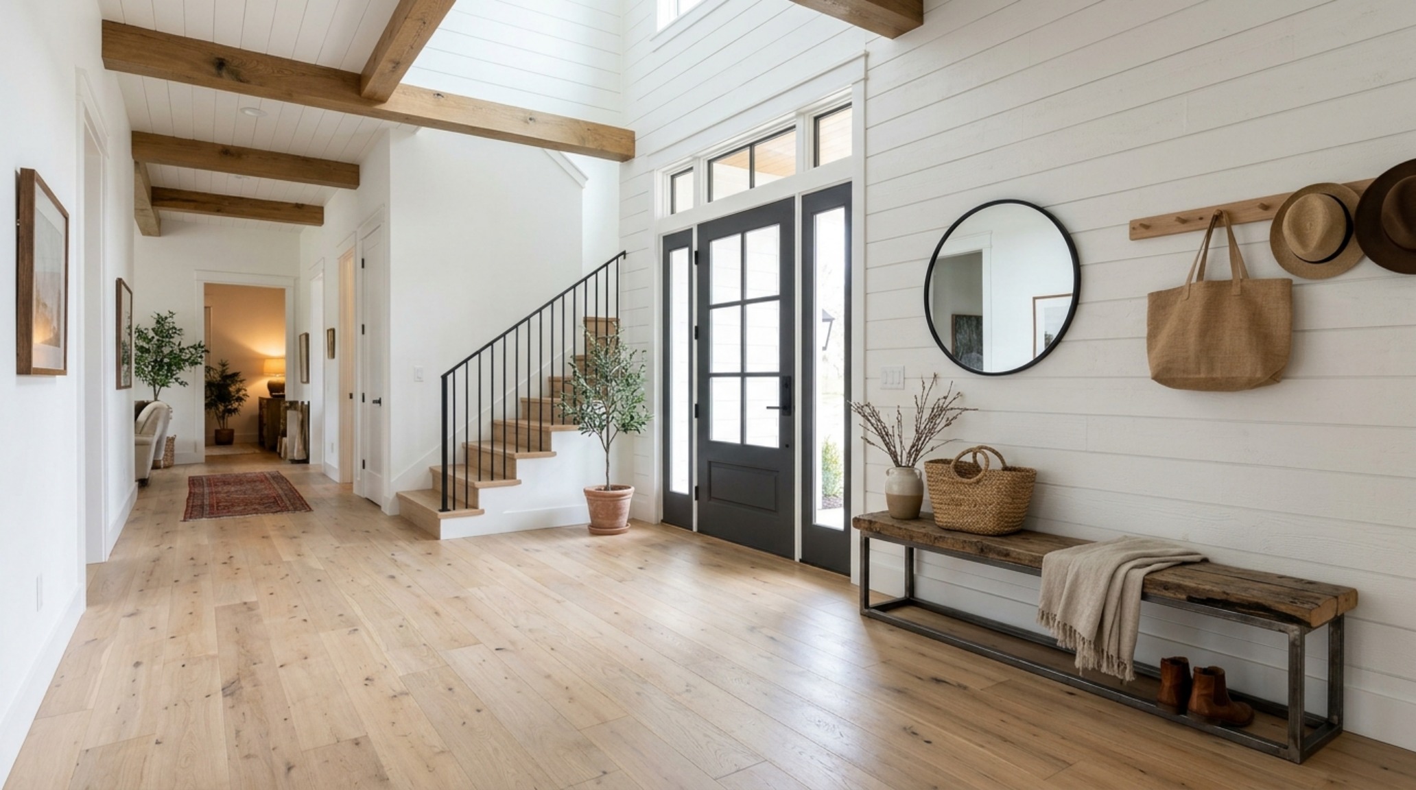 modern farmhouse interior design hallway with 36-inch primary circulation paths and blackened steel door frames modern farmhouse interior design hallway with 36-inch primary circulation paths and blackened steel door frames