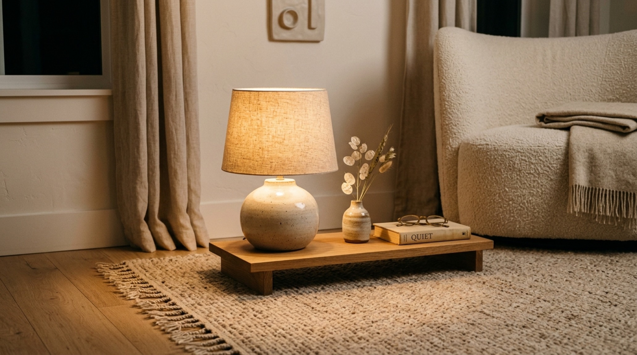 warm minimalist home decor vignette with a hand-knotted jute rug and a travertine side table under a soft window light warm minimalist home decor vignette with a hand-knotted jute rug and a travertine side table under a soft window light