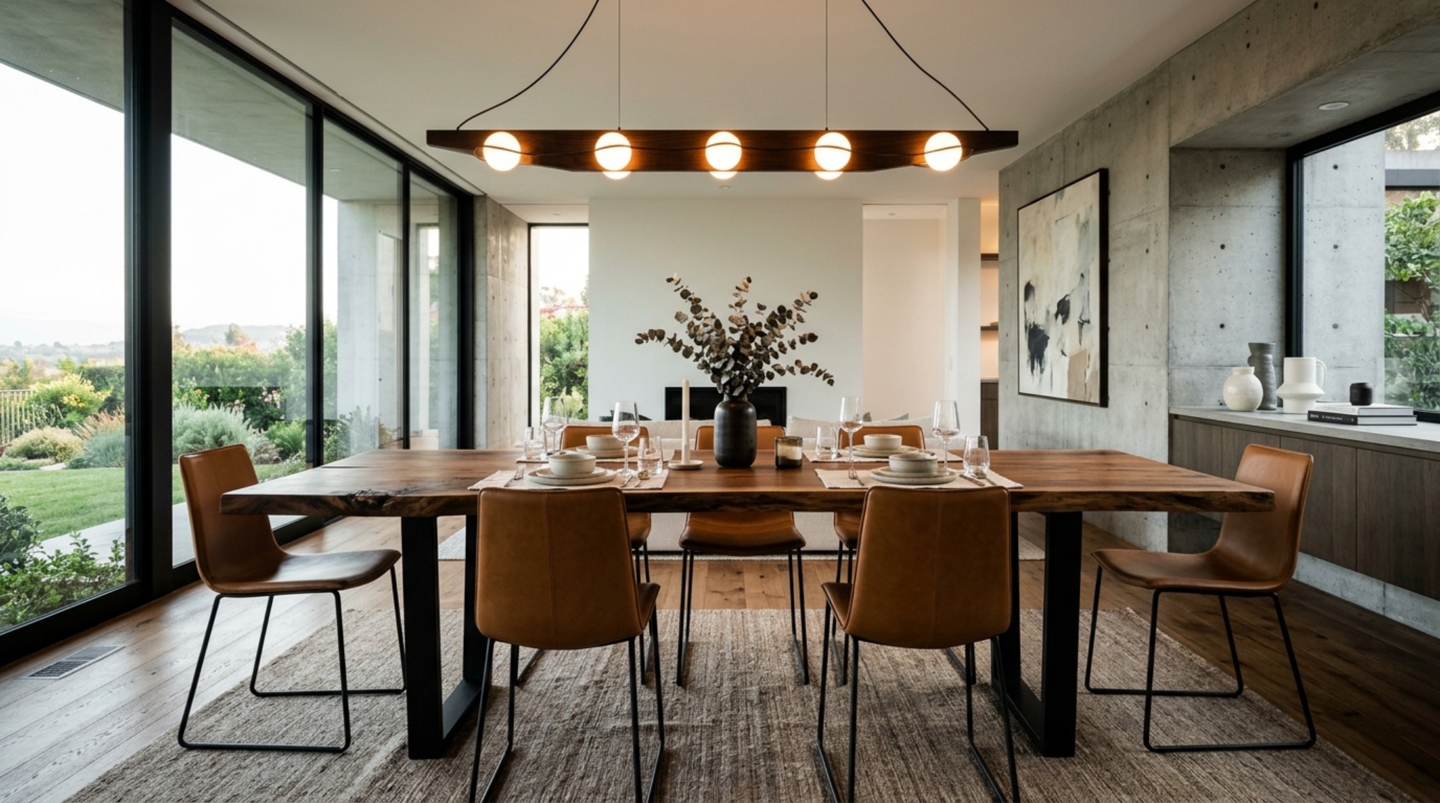 live edge dining table modern with a single-slab walnut top, black leather chairs, and a linear 2700K pendant light live edge dining table modern with a single-slab walnut top, black leather chairs, and a linear 2700K pendant light