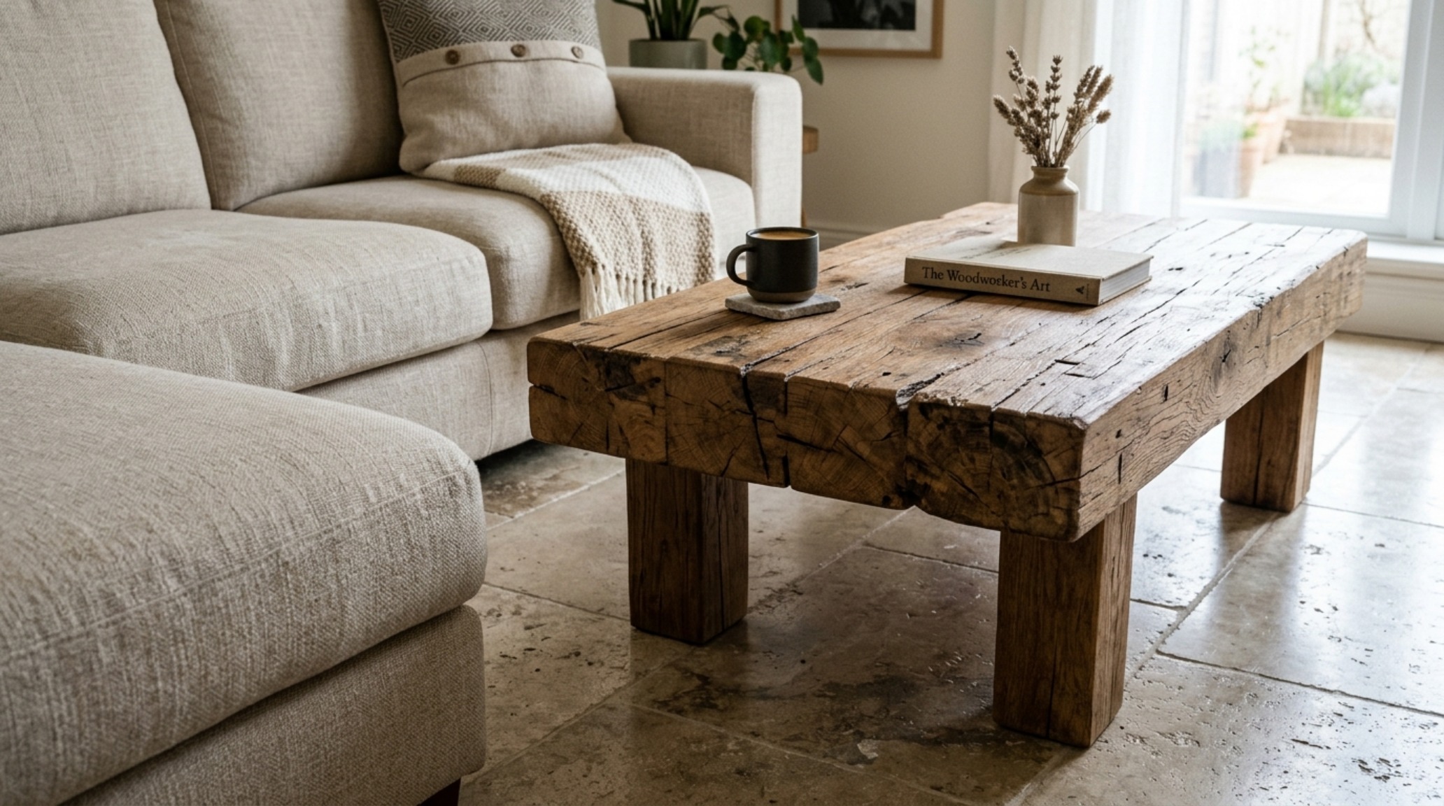 reclaimed timber coffee table placed on a honed travertine floor with an 18-inch reach from a linen-upholstered sofa reclaimed timber coffee table placed on a honed travertine floor with an 18-inch reach from a linen-upholstered sofa