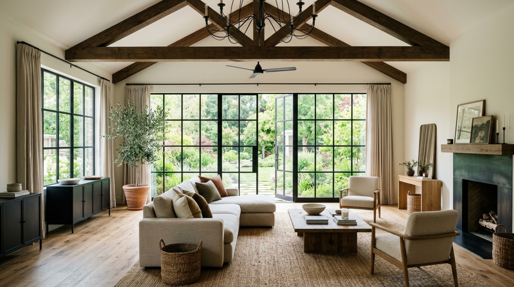 modern farmhouse interior design showcasing a double-height ceiling with structural oak beams and large steel-frame windows modern farmhouse interior design showcasing a double-height ceiling with structural oak beams and large steel-frame windows
