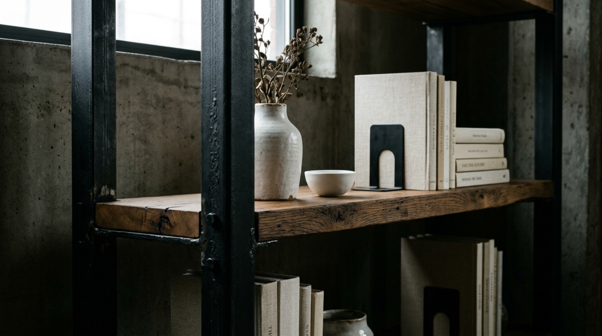 black metal and wood furniture shelf unit displaying artisanal ceramics and architectural books against a plaster wall black metal and wood furniture shelf unit displaying artisanal ceramics and architectural books against a plaster wall