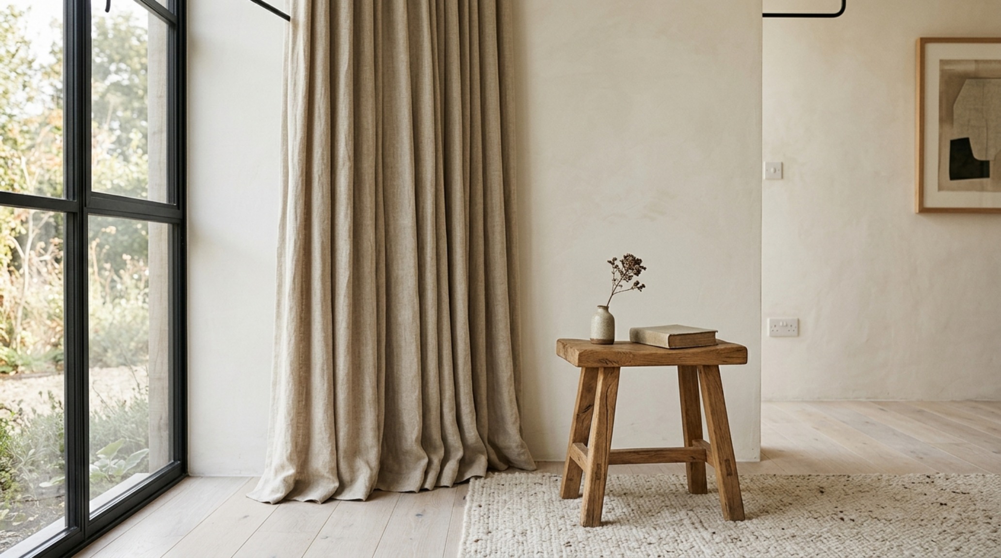 rustic minimalist living room detail showing the grain of an antique wood stool against a neutral wide-plank oak floor rustic minimalist living room detail showing the grain of an antique wood stool against a neutral wide-plank oak floor