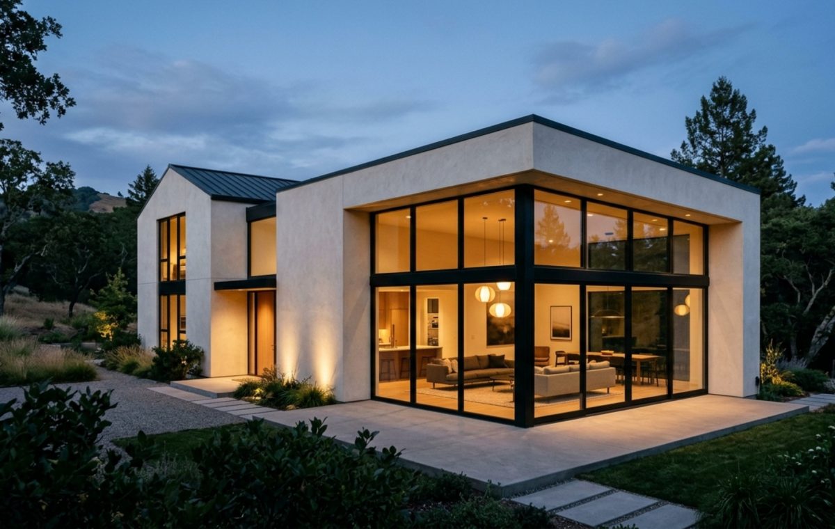 A modern architectural facade featuring a seamless indoor-outdoor transition with oversized glass doors and a performance-driven Swiss Coffee exterior paint finish to enhance curb appeal ROI design.