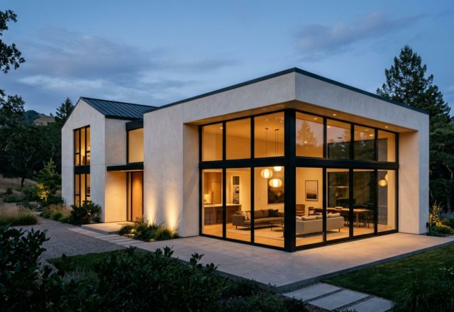 A modern architectural facade featuring a seamless indoor-outdoor transition with oversized glass doors and a performance-driven Swiss Coffee exterior paint finish to enhance curb appeal ROI design.