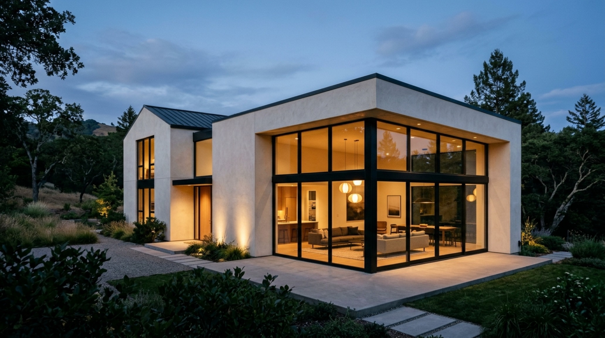 A modern architectural facade featuring a seamless indoor-outdoor transition with oversized glass doors and a performance-driven Swiss Coffee exterior paint finish to enhance curb appeal ROI design. A modern architectural facade featuring a seamless indoor-outdoor transition with oversized glass doors and a performance-driven Swiss Coffee exterior paint finish to enhance curb appeal ROI design.