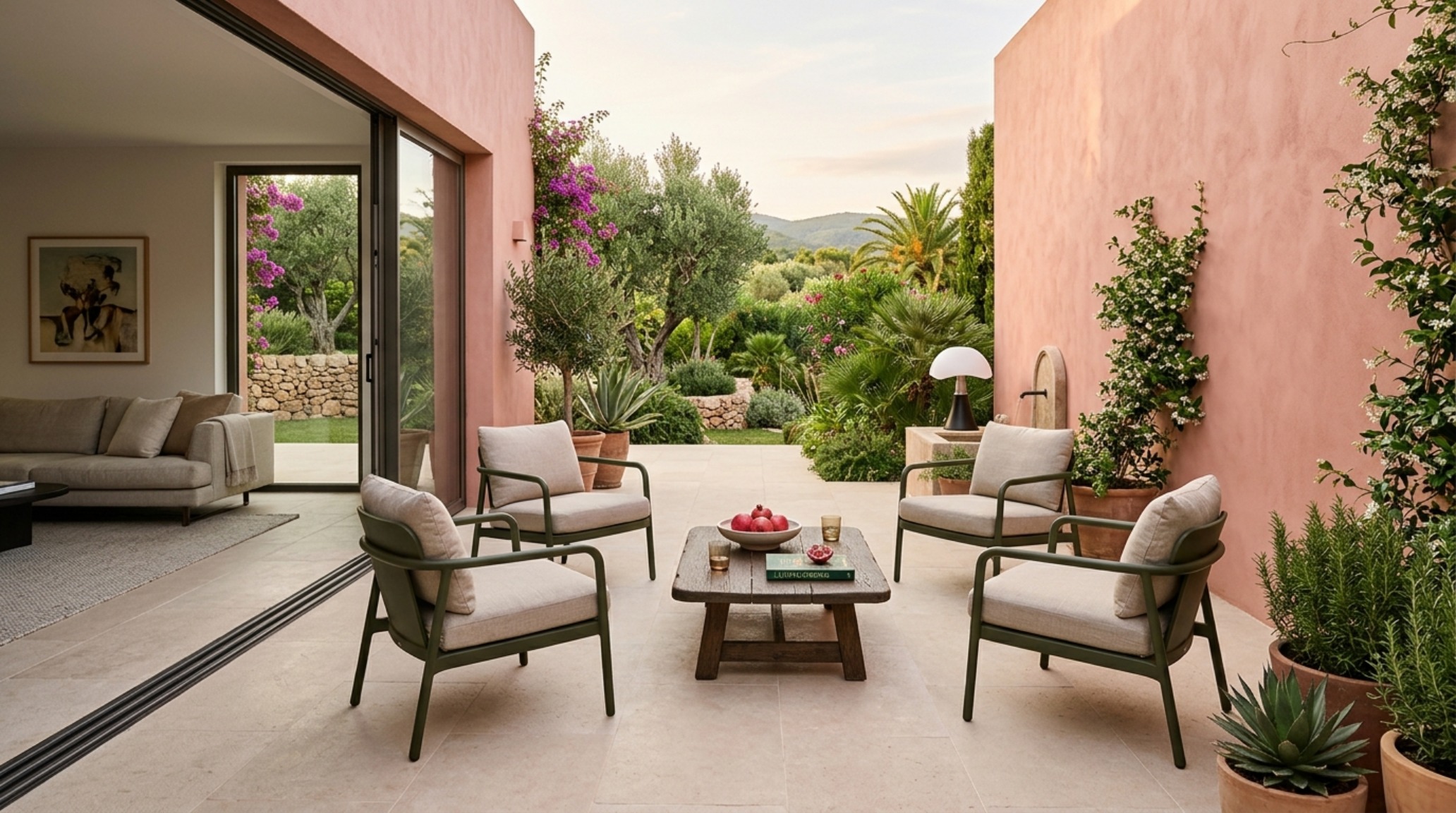 A cozy aesthetic patio area with 36-inch walkway clearances, featuring warm 2700K lighting reflecting off a performance-painted exterior wall in Farrow and Ball Setting Plaster. A cozy aesthetic patio area with 36-inch walkway clearances, featuring warm 2700K lighting reflecting off a performance-painted exterior wall in Farrow and Ball Setting Plaster.