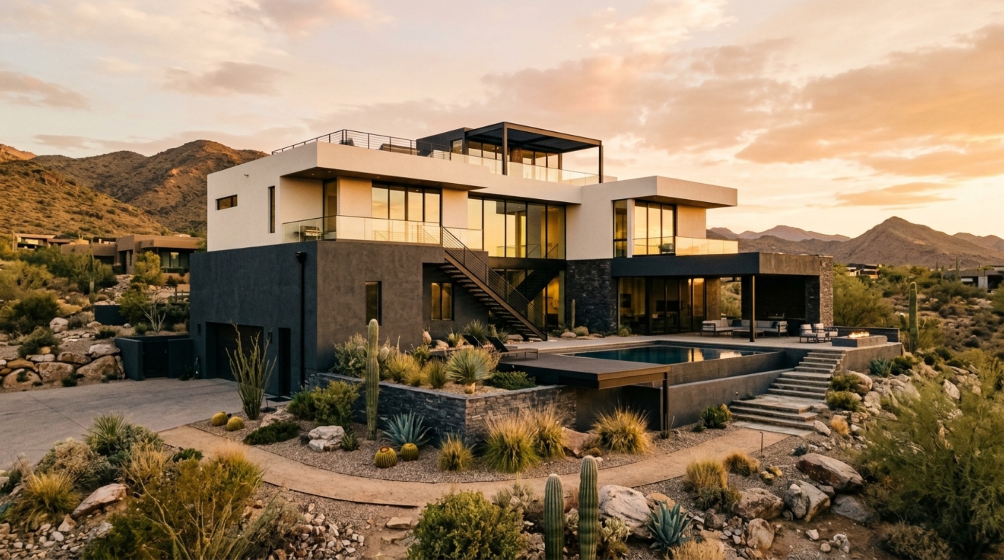 Wide-angle view of an organic modern home with a seamless flow from the interior white oak flooring to the exterior honed travertine deck, emphasizing cost to paint exterior of house decor ideas. Wide-angle view of an organic modern home with a seamless flow from the interior white oak flooring to the exterior honed travertine deck, emphasizing cost to paint exterior of house decor ideas.