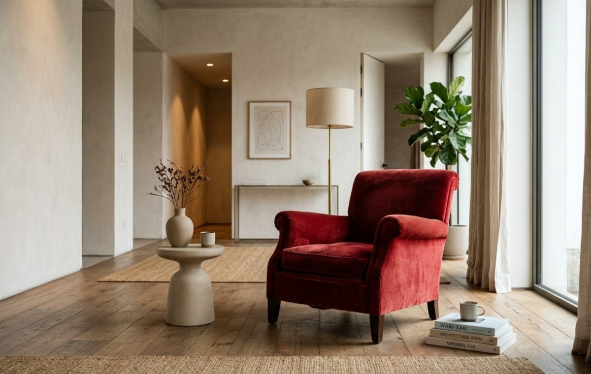 A hand-painted velvet armchair in deep cherry red, positioned in a living room with 36-inch architectural clearances and soft 2700K lighting.