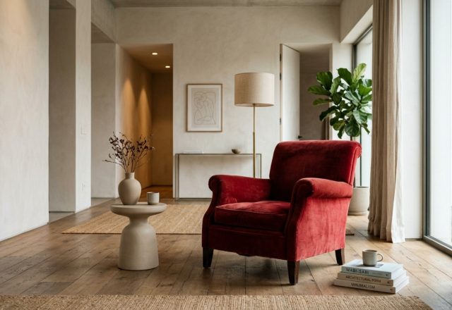 A hand-painted velvet armchair in deep cherry red, positioned in a living room with 36-inch architectural clearances and soft 2700K lighting.