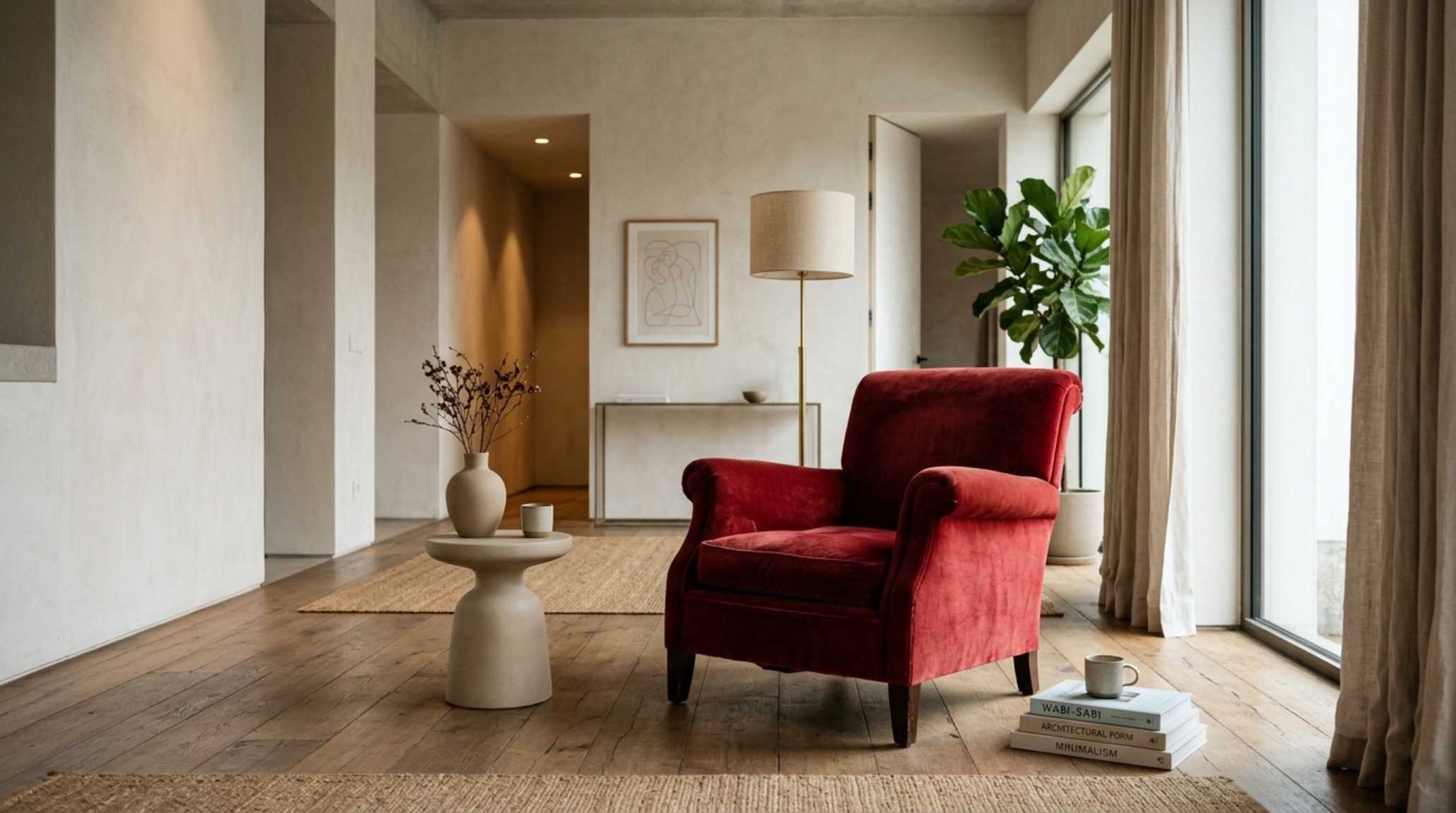 A hand-painted velvet armchair in deep cherry red, positioned in a living room with 36-inch architectural clearances and soft 2700K lighting. A hand-painted velvet armchair in deep cherry red, positioned in a living room with 36-inch architectural clearances and soft 2700K lighting.