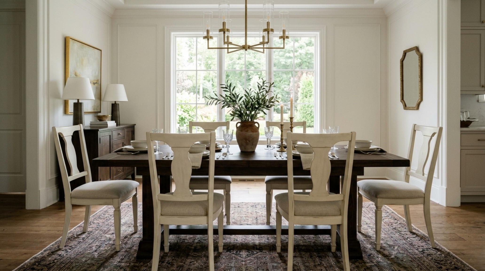 Architectural view of a dining room with 30-inch chair clearances and chairs painted in Benjamin Moore Swiss Coffee for a seamless flow. Architectural view of a dining room with 30-inch chair clearances and chairs painted in Benjamin Moore Swiss Coffee for a seamless flow.
