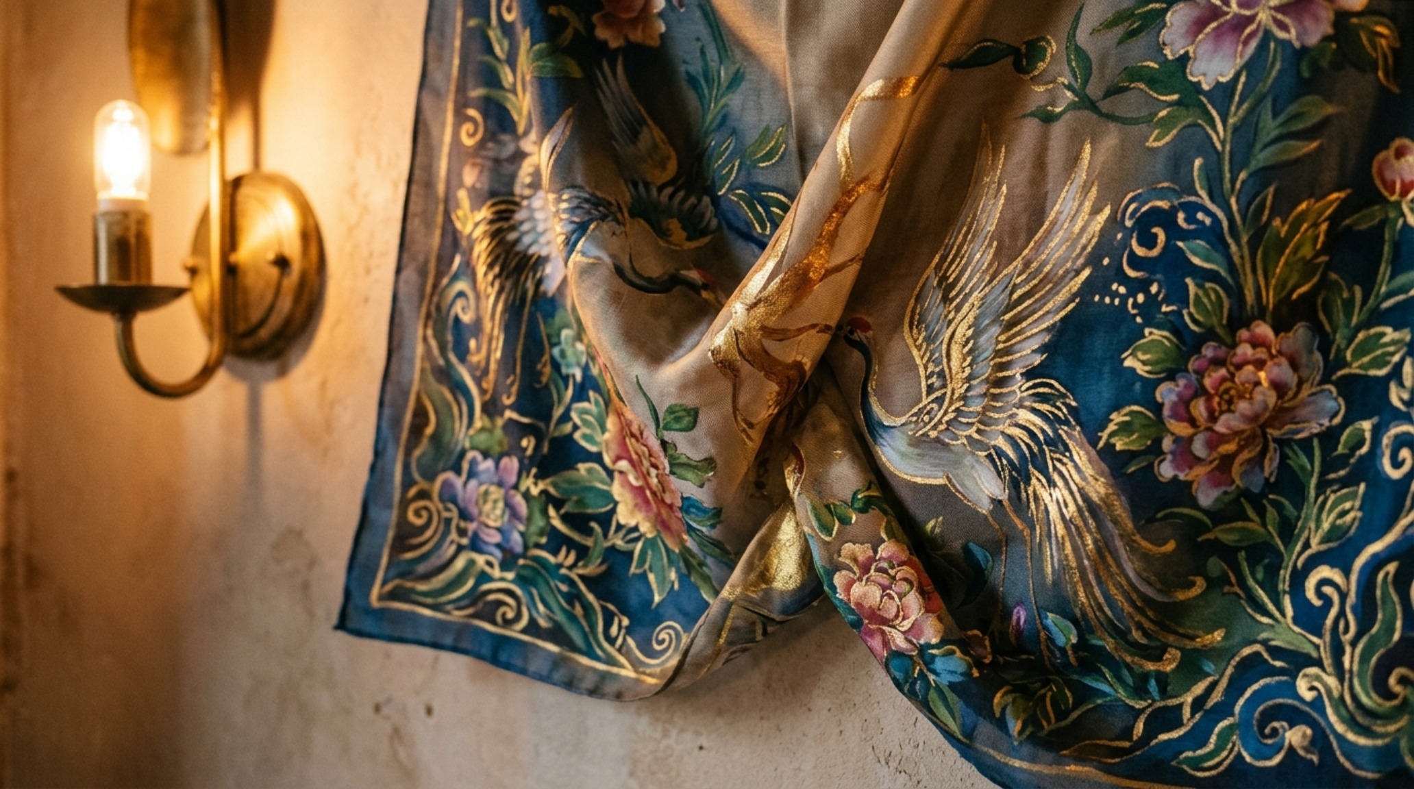 Close-up of the 'hand' of a silk fabric treated with Jacquard Lumiere pigments, showing the lustrous response to directional light. Close-up of the 'hand' of a silk fabric treated with Jacquard Lumiere pigments, showing the lustrous response to directional light.