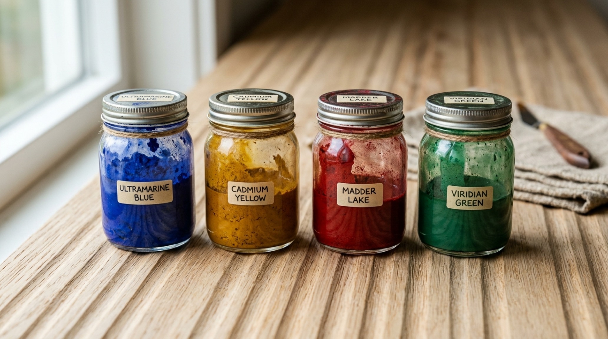 Close-up of mineral pigments and textile medium for acrylics being mixed in glass jars on a fluted white oak workshop table. Close-up of mineral pigments and textile medium for acrylics being mixed in glass jars on a fluted white oak workshop table.