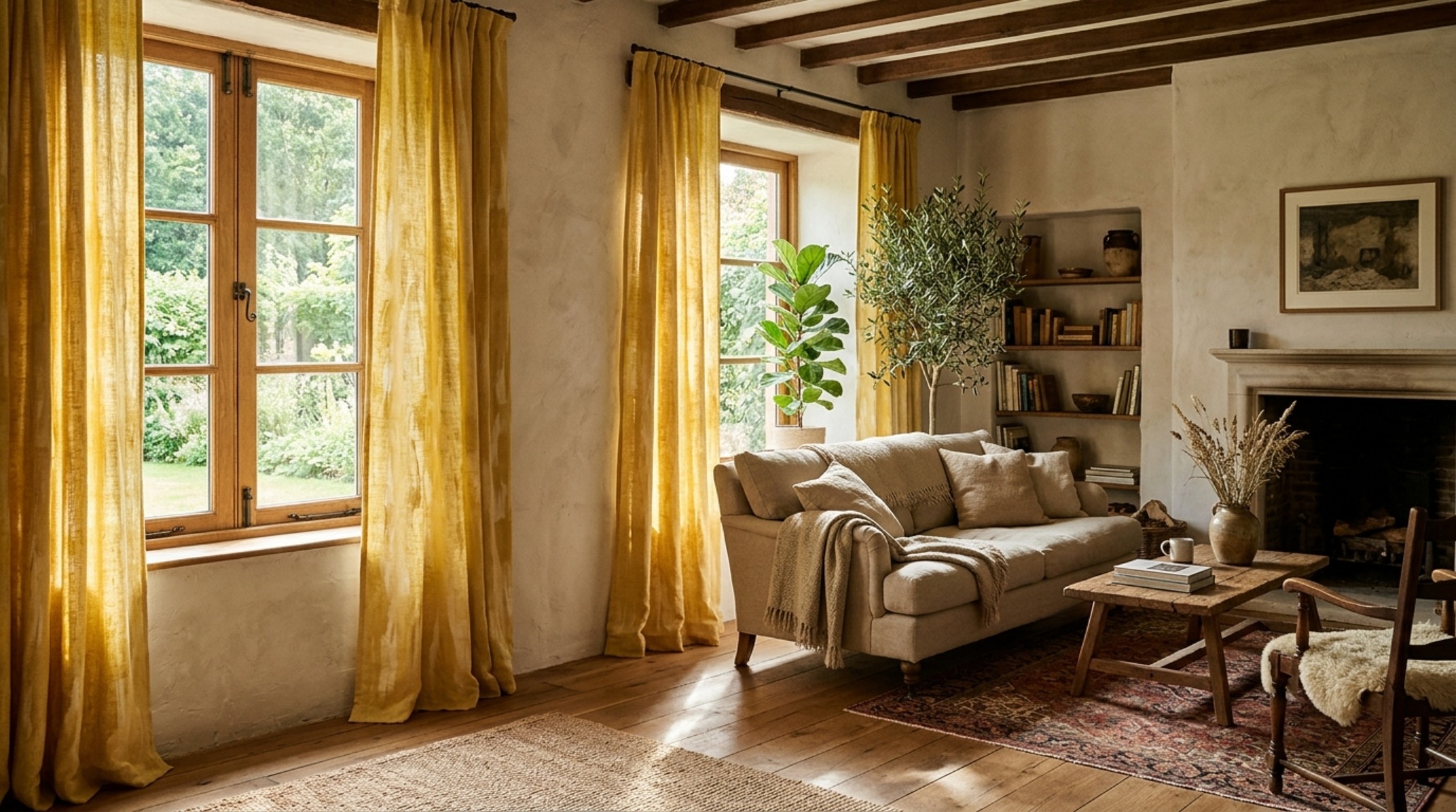 Hand-painted linen curtains in butter yellow, filtering natural sunlight in a room with neutral limewash walls and minimalist decor. Hand-painted linen curtains in butter yellow, filtering natural sunlight in a room with neutral limewash walls and minimalist decor.