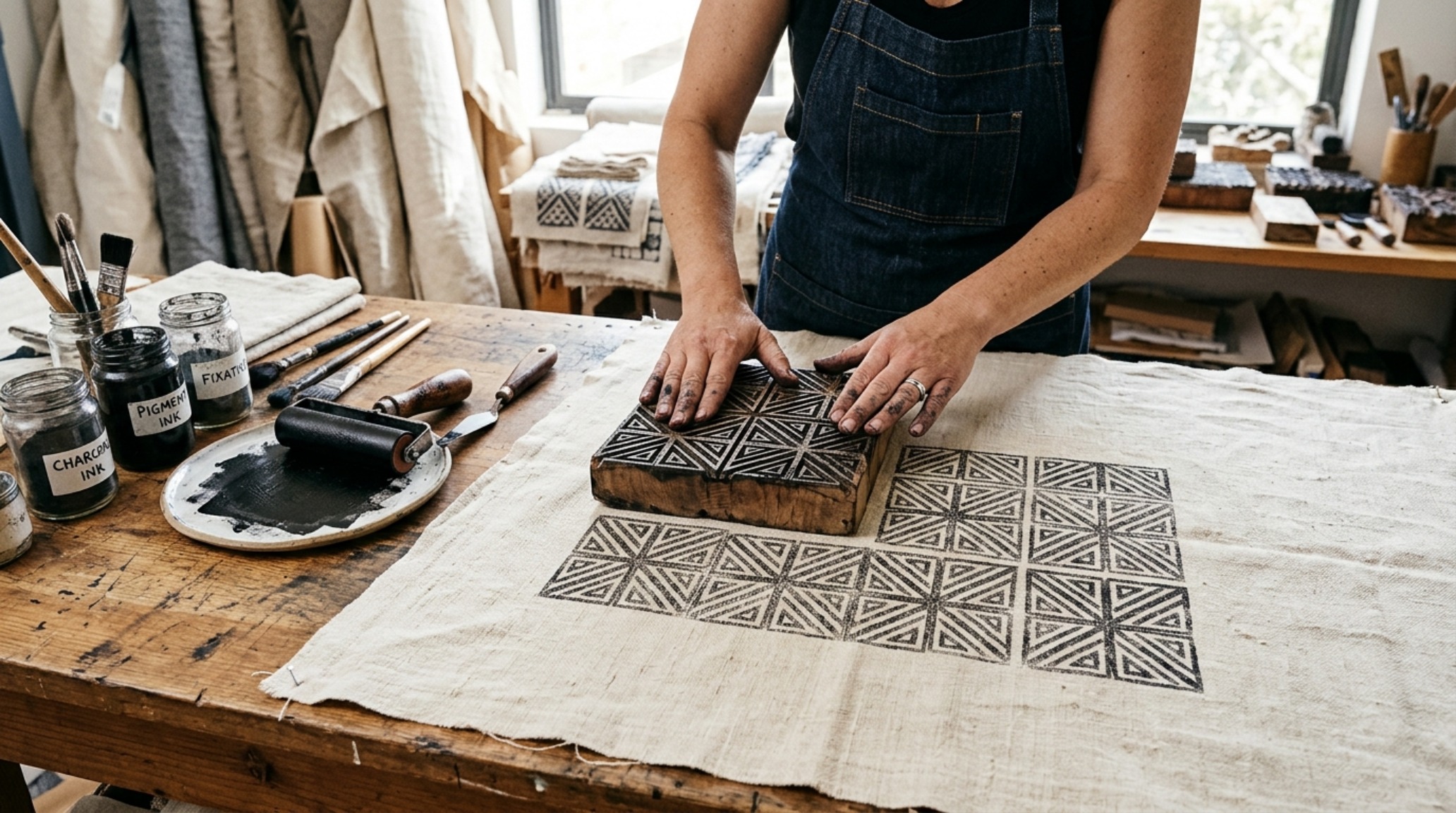 A designer using permanent fabric dyes for block printing on a heavy linen table runner, showcasing a geometric architectural pattern. A designer using permanent fabric dyes for block printing on a heavy linen table runner, showcasing a geometric architectural pattern.