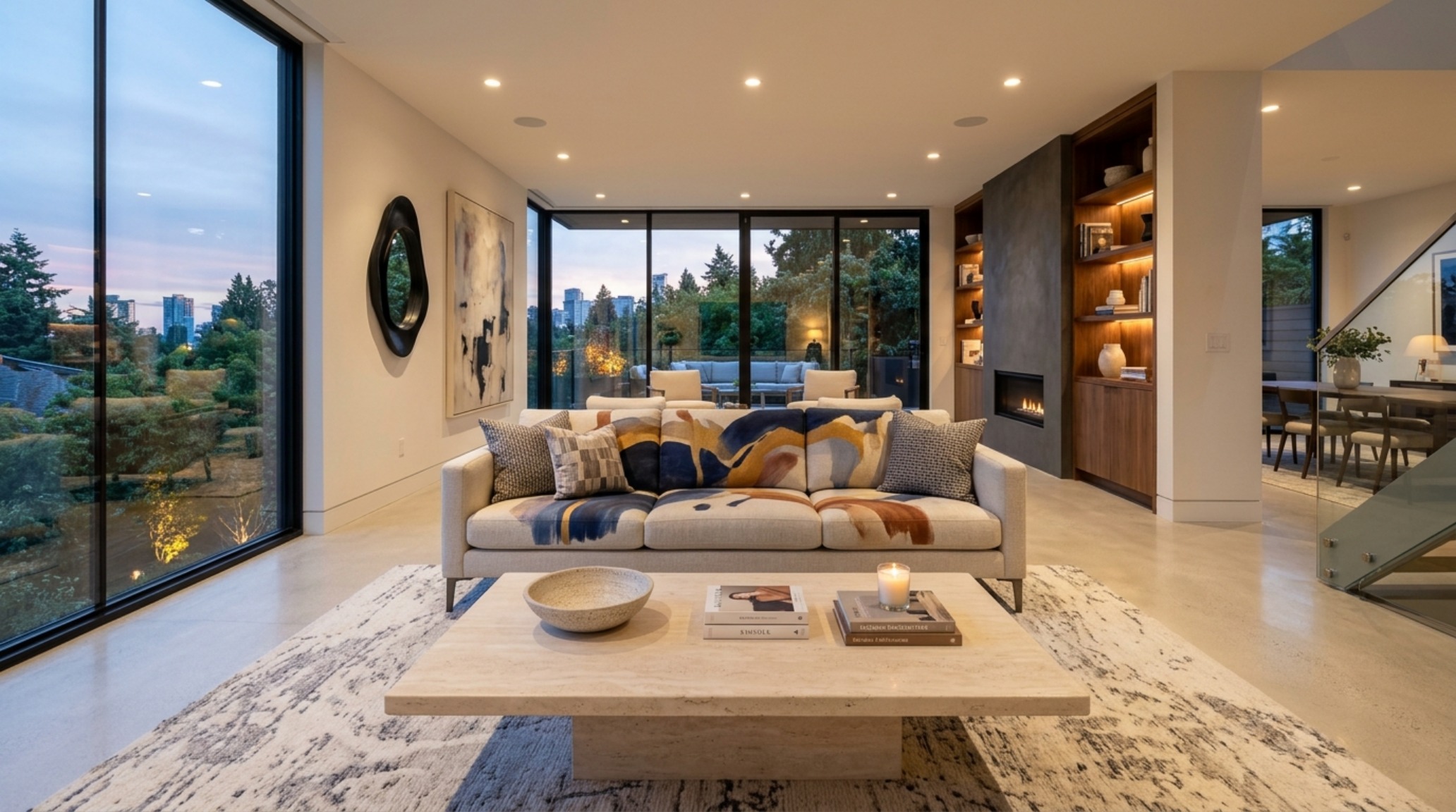 Modern living room layout featuring a painted velvet sofa and a honed travertine coffee table with 18-inch reach spacing. Modern living room layout featuring a painted velvet sofa and a honed travertine coffee table with 18-inch reach spacing.