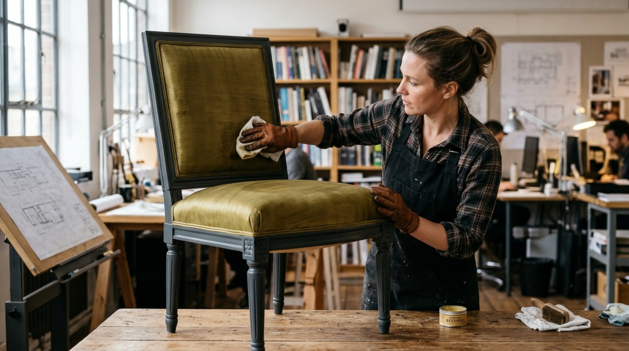 Sophisticated furniture restoration project showing the transformation of a vintage stool with soft touch fabric paint for furniture restoration. Sophisticated furniture restoration project showing the transformation of a vintage stool with soft touch fabric paint for furniture restoration.