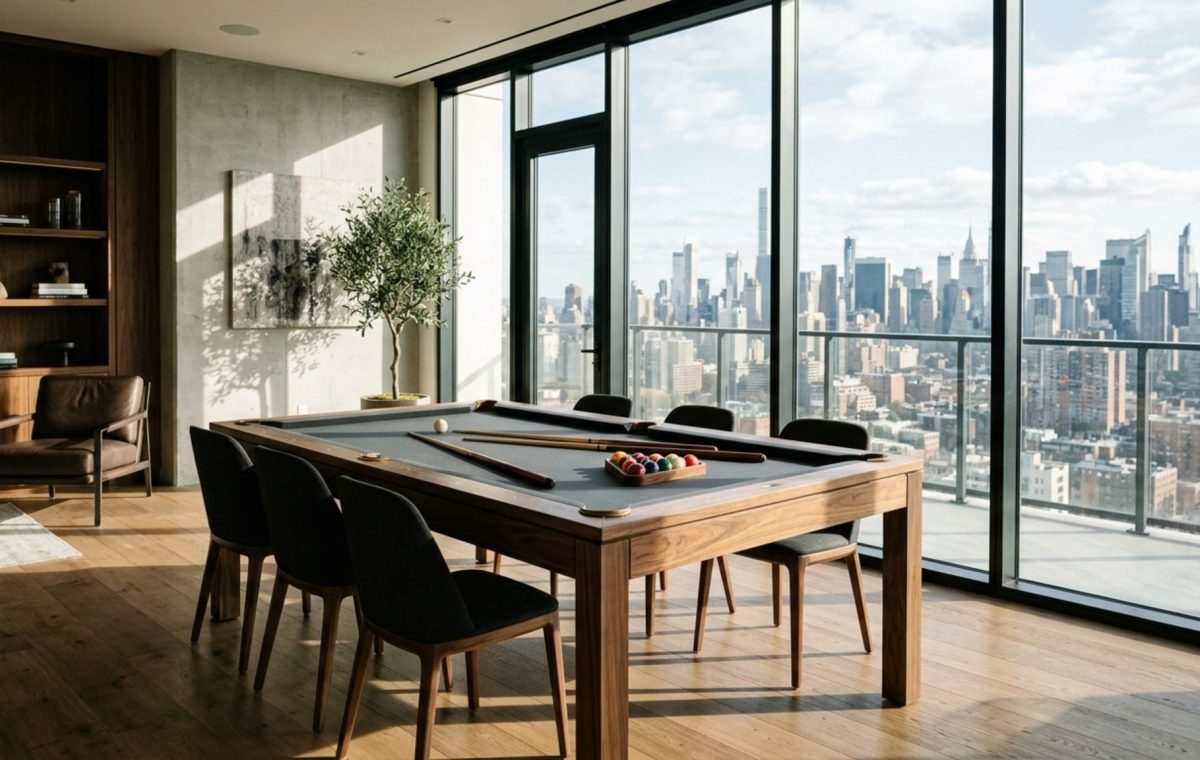 modern pool dining tables ideas featuring a sleek walnut frame and slate grey felt in a minimalist open-plan penthouse