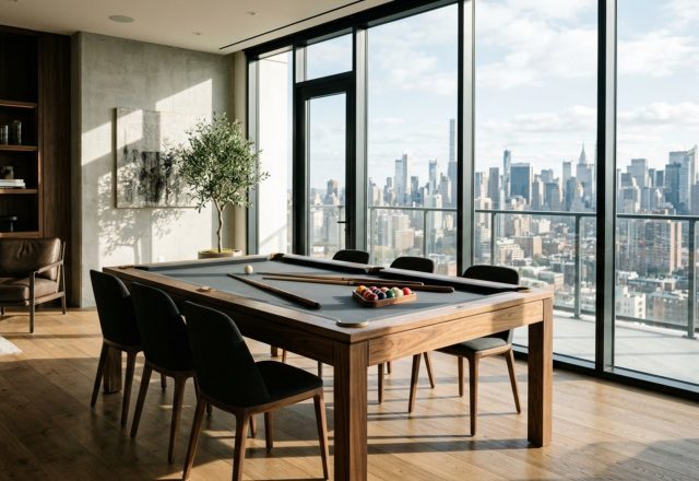 modern pool dining tables ideas featuring a sleek walnut frame and slate grey felt in a minimalist open-plan penthouse