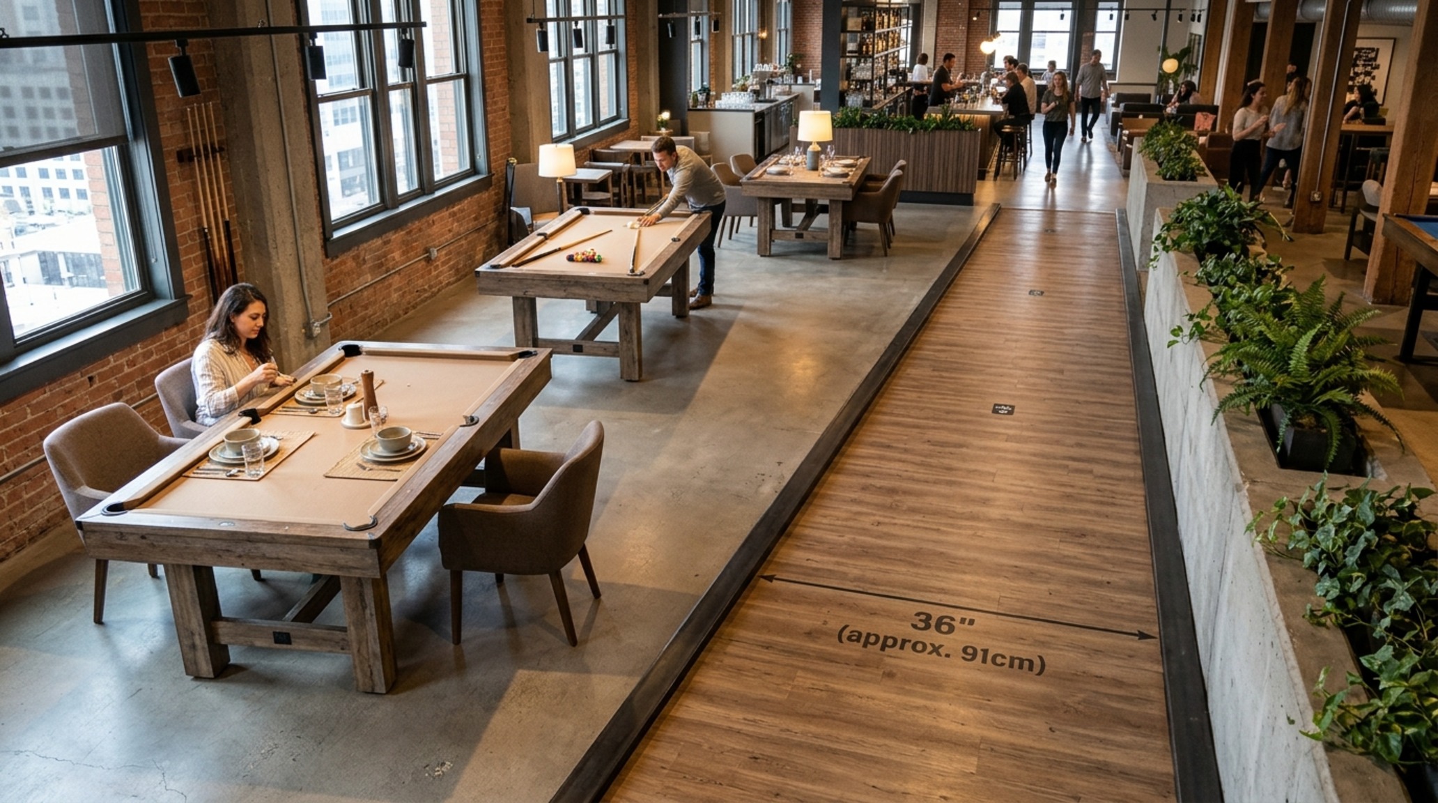 small space pool dining tables styled with a centerpiece bowl and linen napkins to illustrate the dining conversion