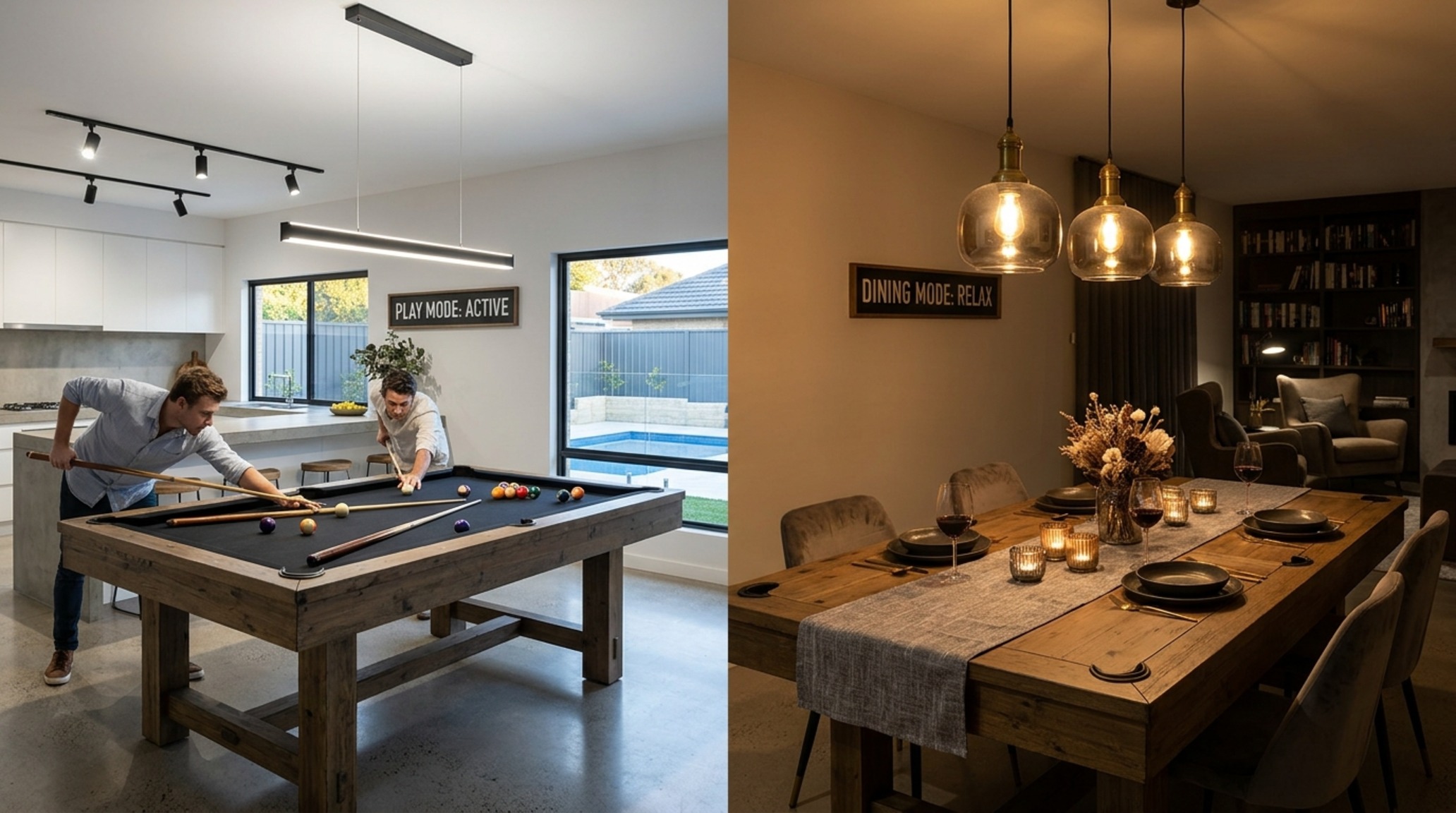 pool dining tables lighting guide showing the effect of dimmable architectural gimbals on a charcoal billiard surface