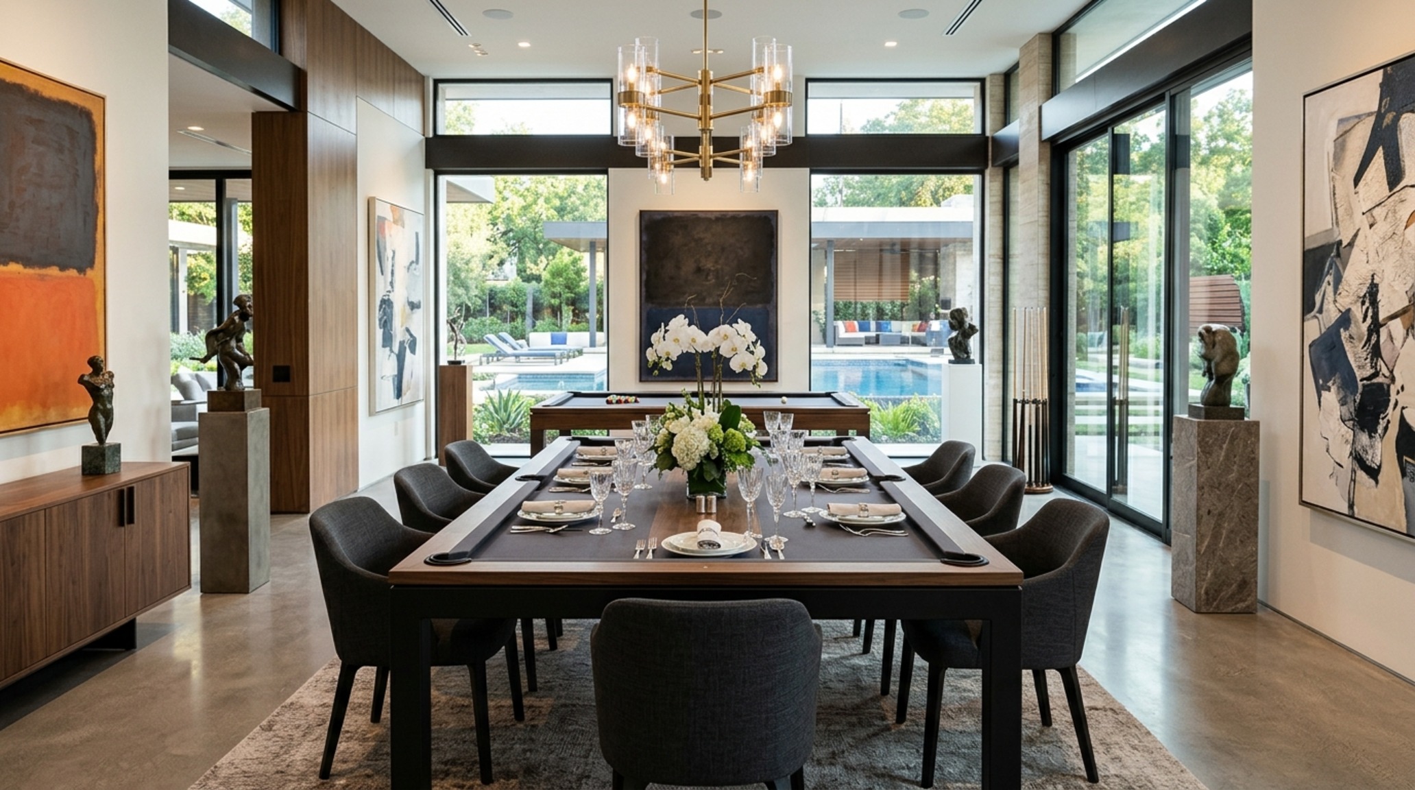 modern pool dining tables ideas for a luxury entertainment suite featuring a custom-built pool table with matching sideboard storage