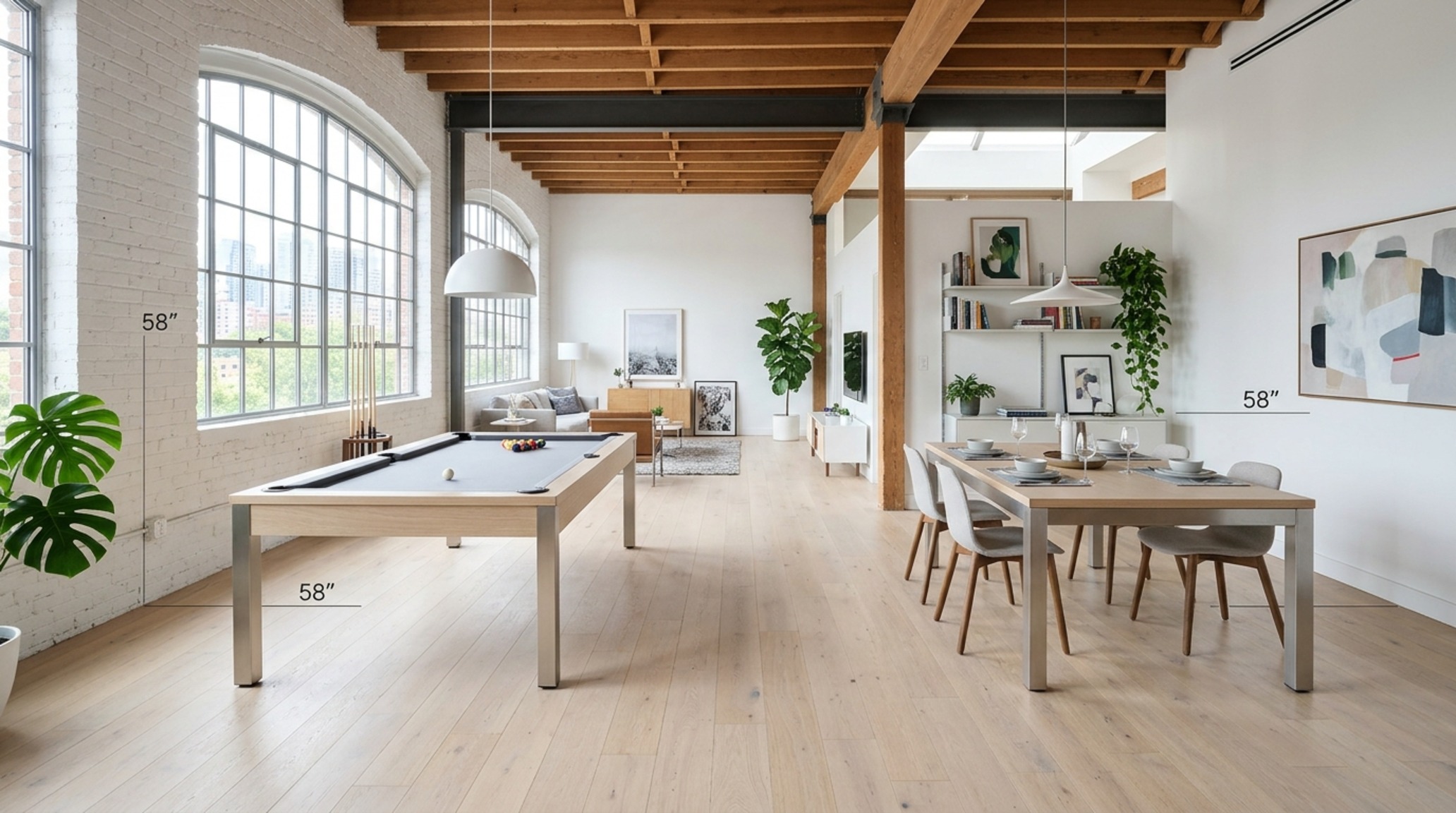 small space pool dining tables positioned with 58-inch cue clearance in a bright urban loft with white oak floors