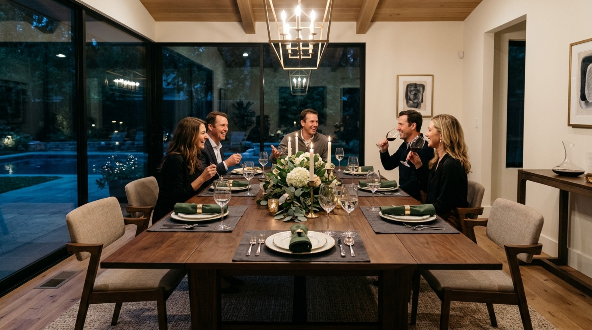 modern pool dining tables ideas for a convertible dining room with 3-piece matching wood top covers and velvet chairs