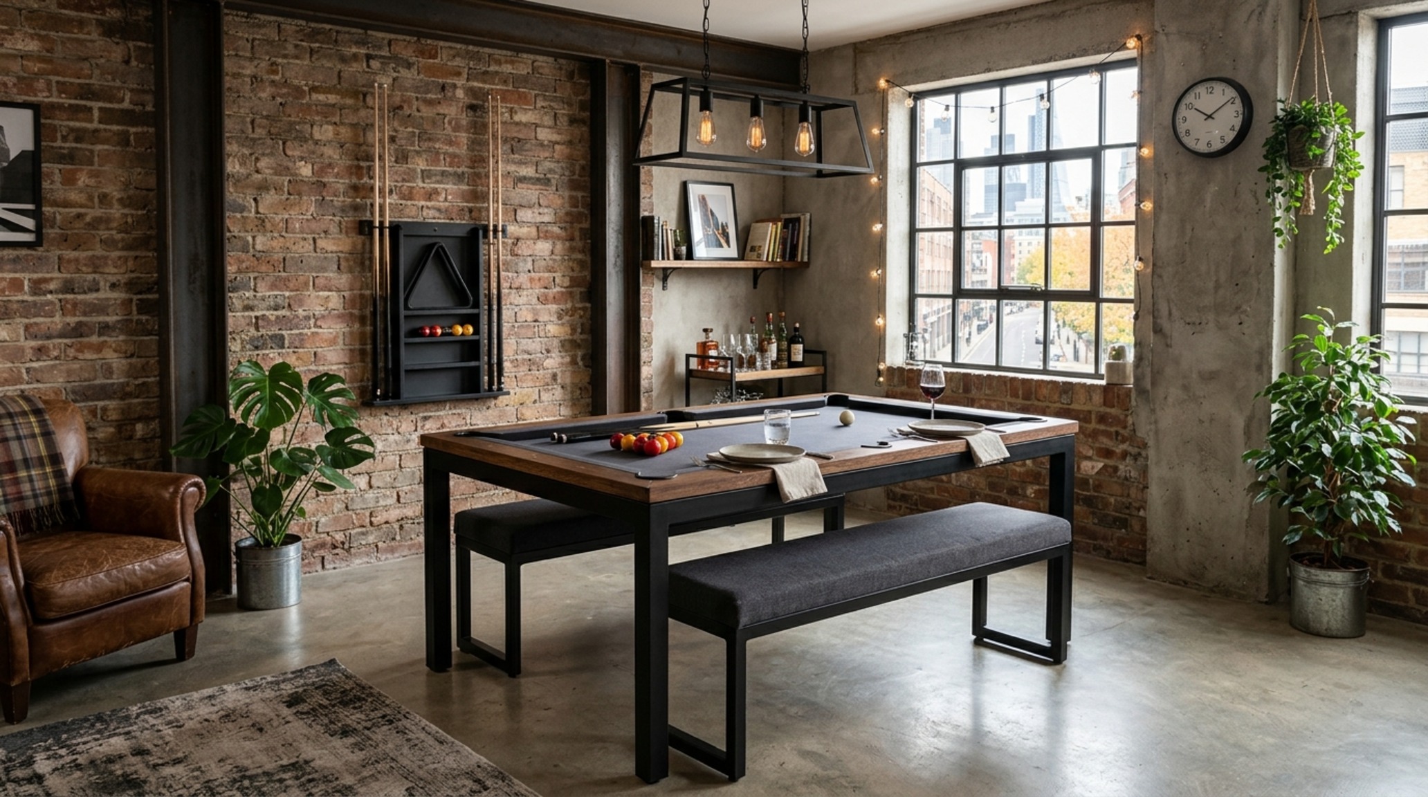 small space pool dining tables in a compact basement lounge with integrated bench seating and recessed LED lighting