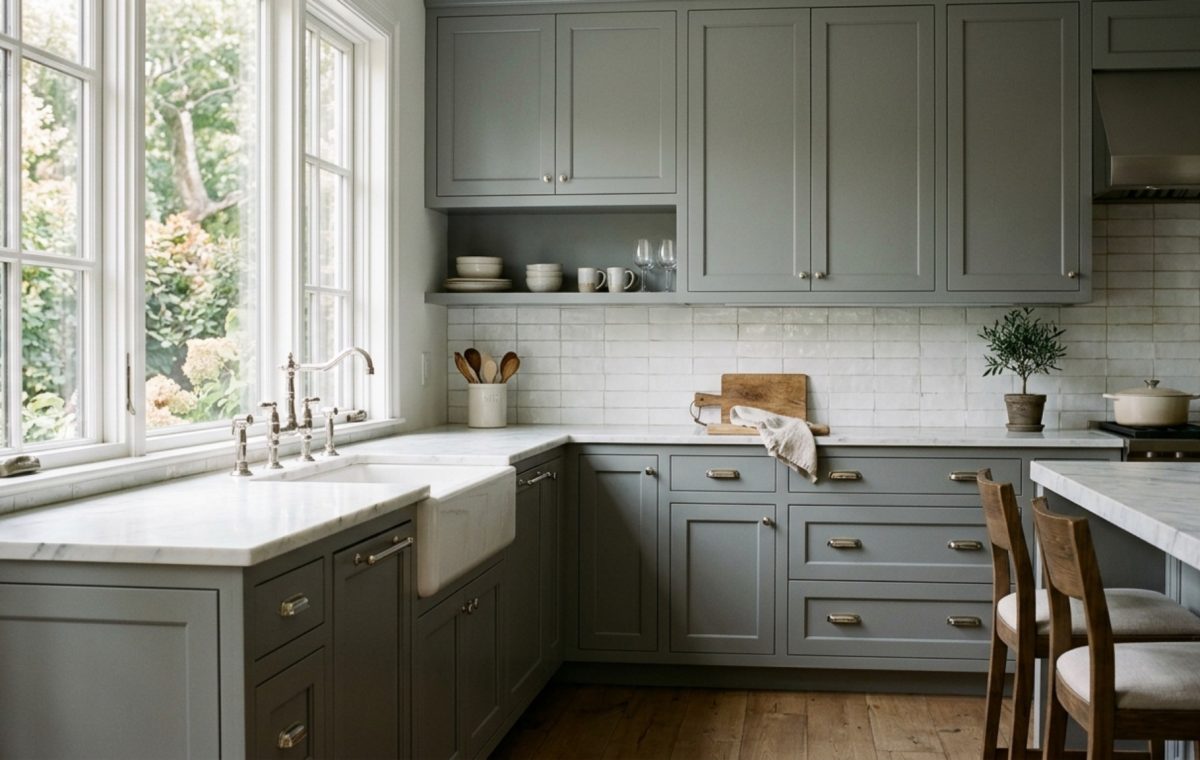 gray kitchen cabinets in a soft dove finish featuring polished nickel hardware and shaker style detailing in a 2013 open-plan layout