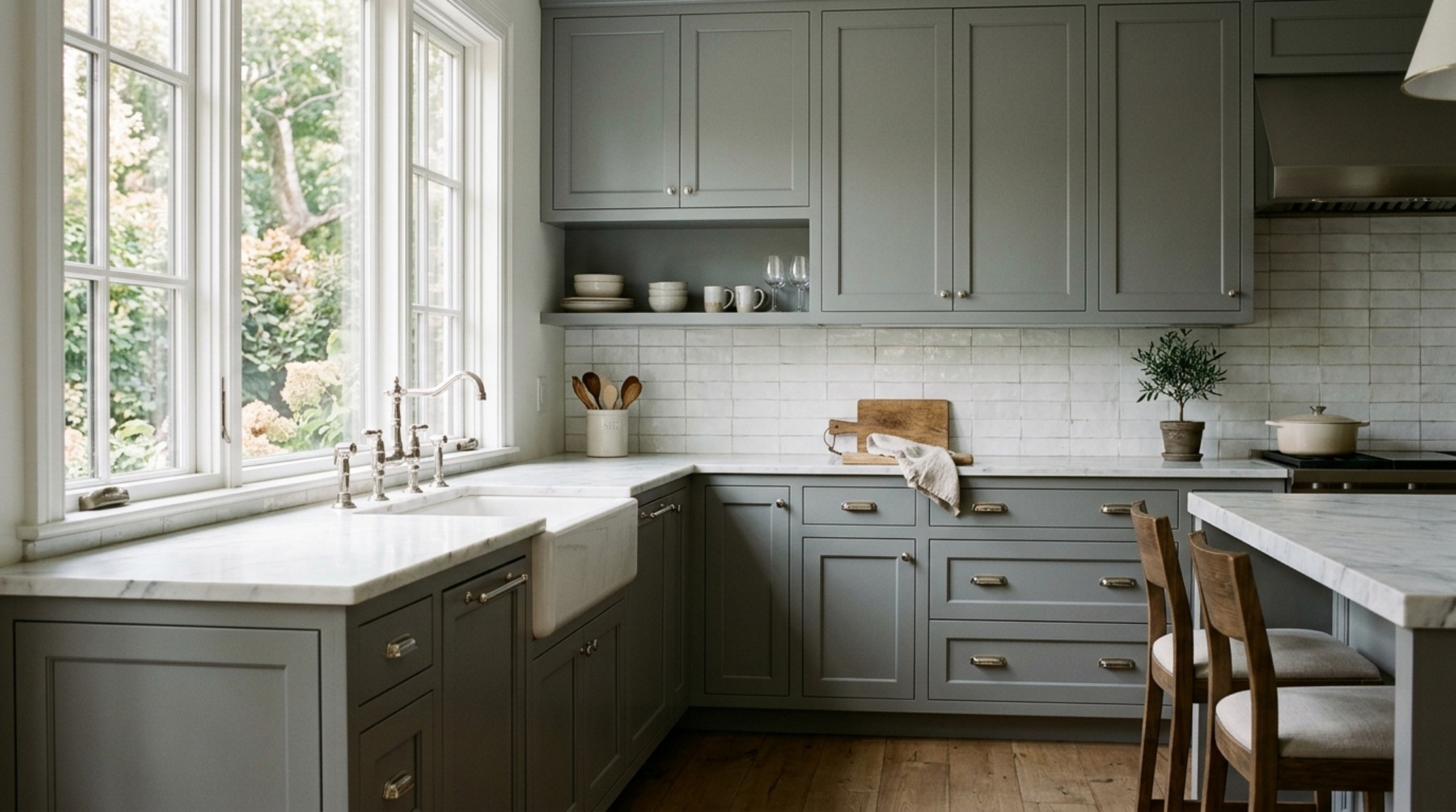 gray kitchen cabinets in a soft dove finish featuring polished nickel hardware and shaker style detailing in a 2013 open-plan layout gray kitchen cabinets in a soft dove finish featuring polished nickel hardware and shaker style detailing in a 2013 open-plan layout