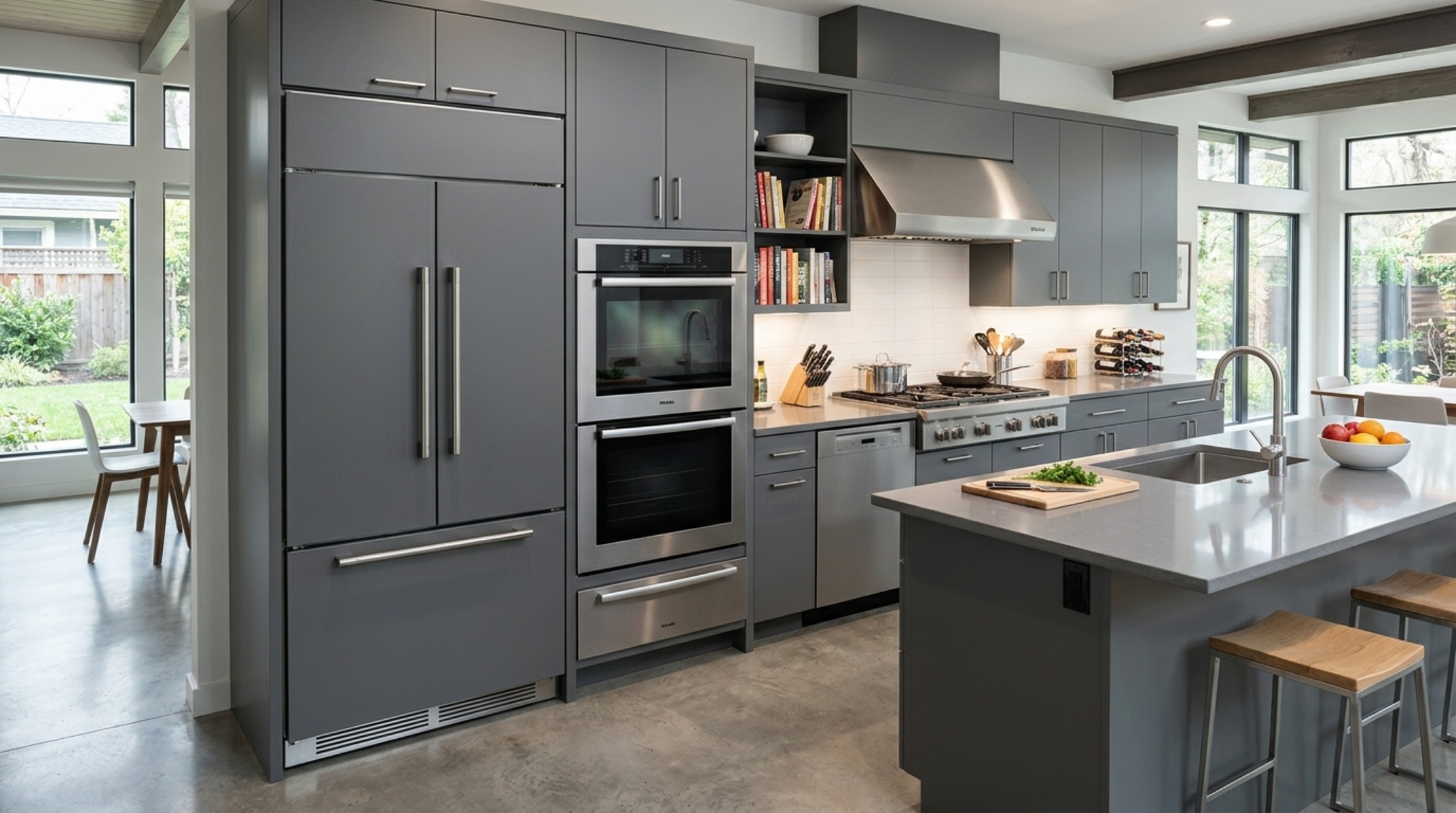 commercial grade appliances and built-in refrigeration units seamlessly integrated into a wall of custom gray cabinetry commercial grade appliances and built-in refrigeration units seamlessly integrated into a wall of custom gray cabinetry