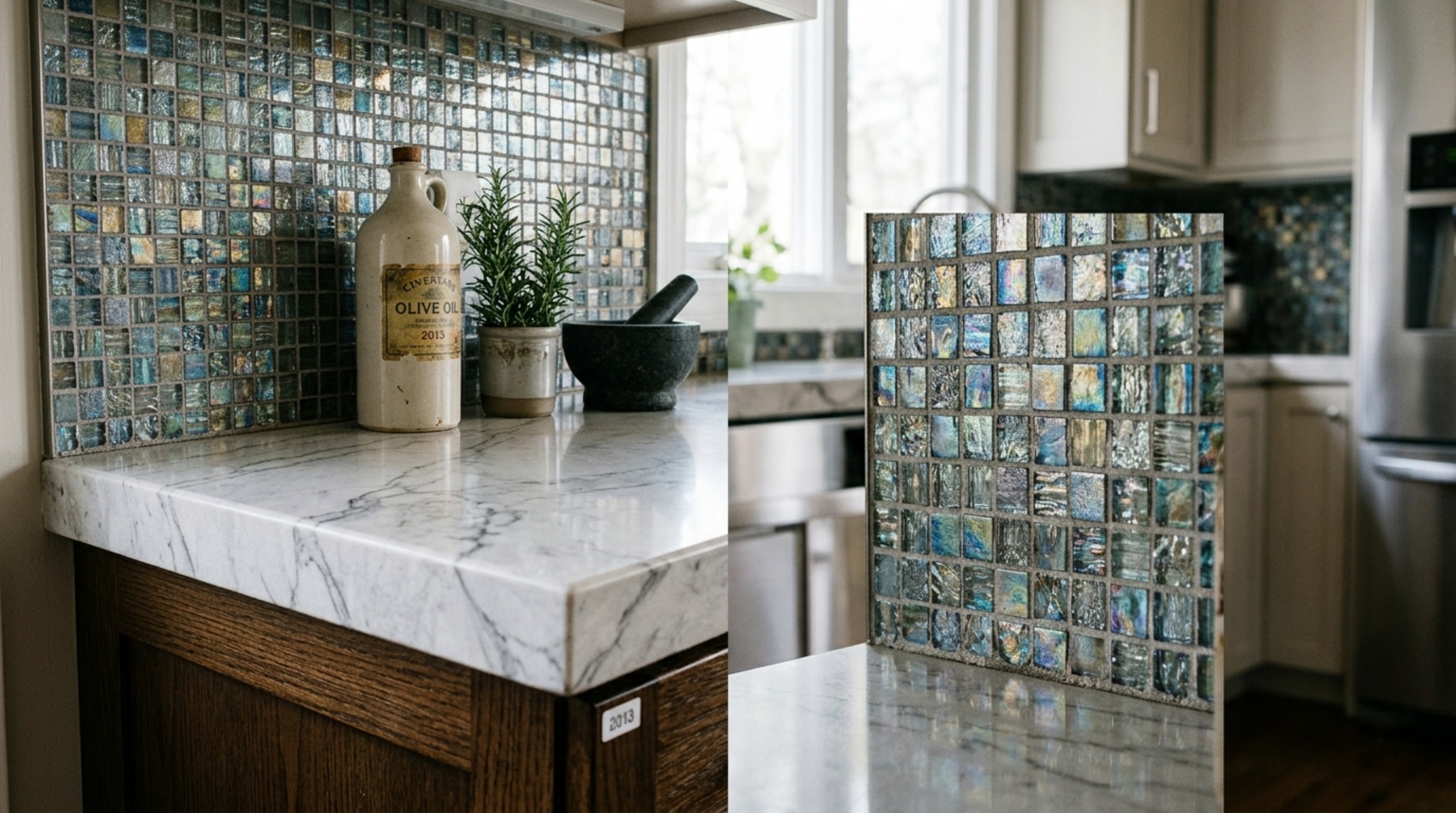 quartz vs granite 2013 visual study showing the consistent texture of engineered quartz against a mosaic glass tile backsplash quartz vs granite 2013 visual study showing the consistent texture of engineered quartz against a mosaic glass tile backsplash