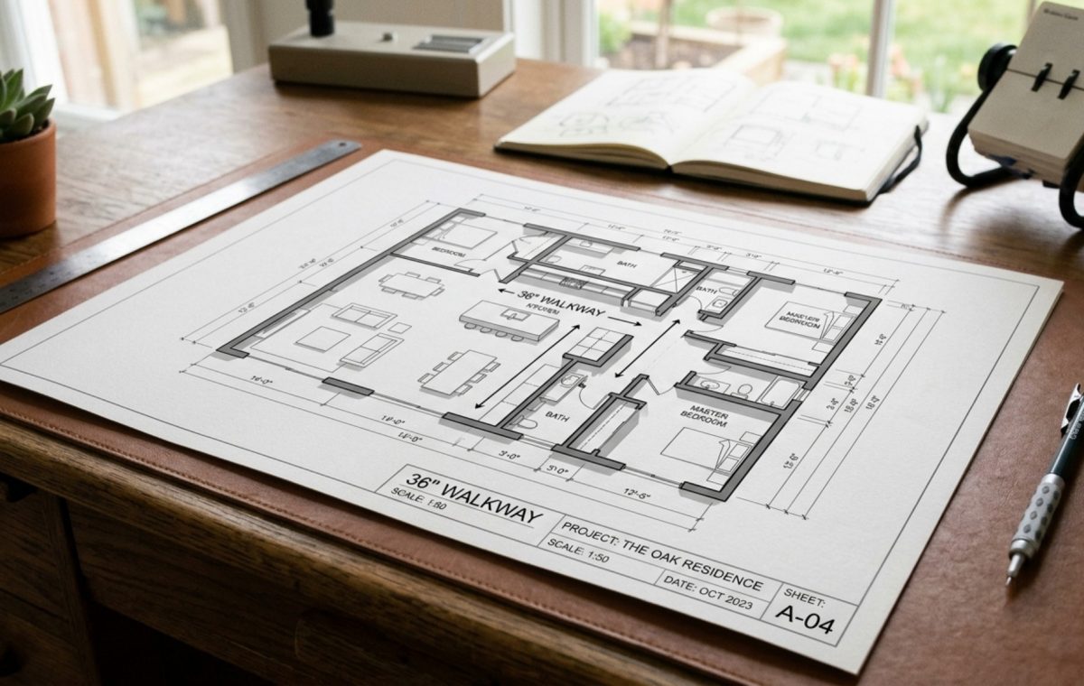 best free floor plan software 2024 showing a 2D top-down technical layout with 36-inch walkway clearances and furniture placement