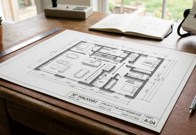 best free floor plan software 2024 showing a 2D top-down technical layout with 36-inch walkway clearances and furniture placement