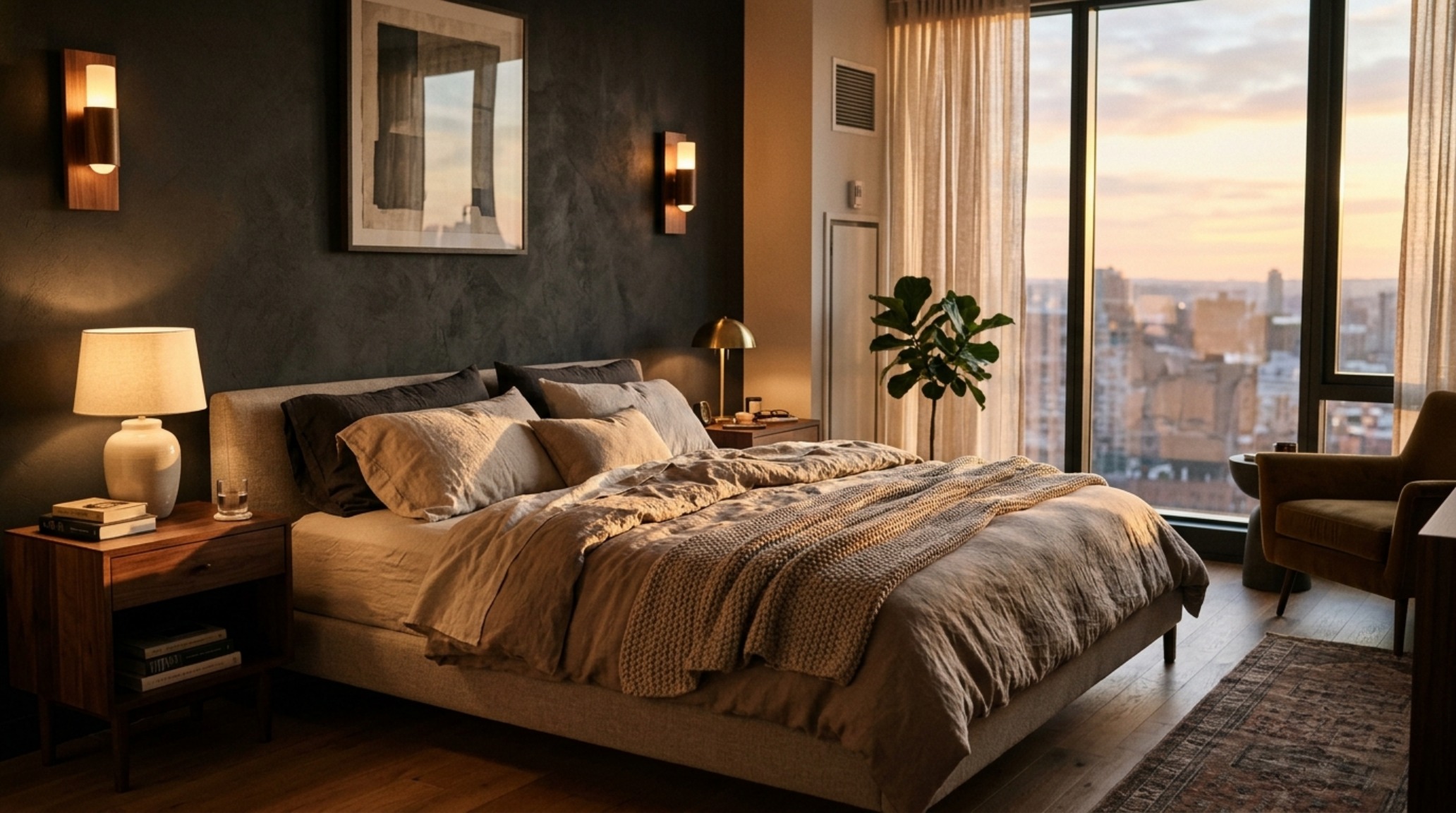 architectural rendering tools free showing a bedroom at sunset with 2700K warm ambient lighting and linen textures