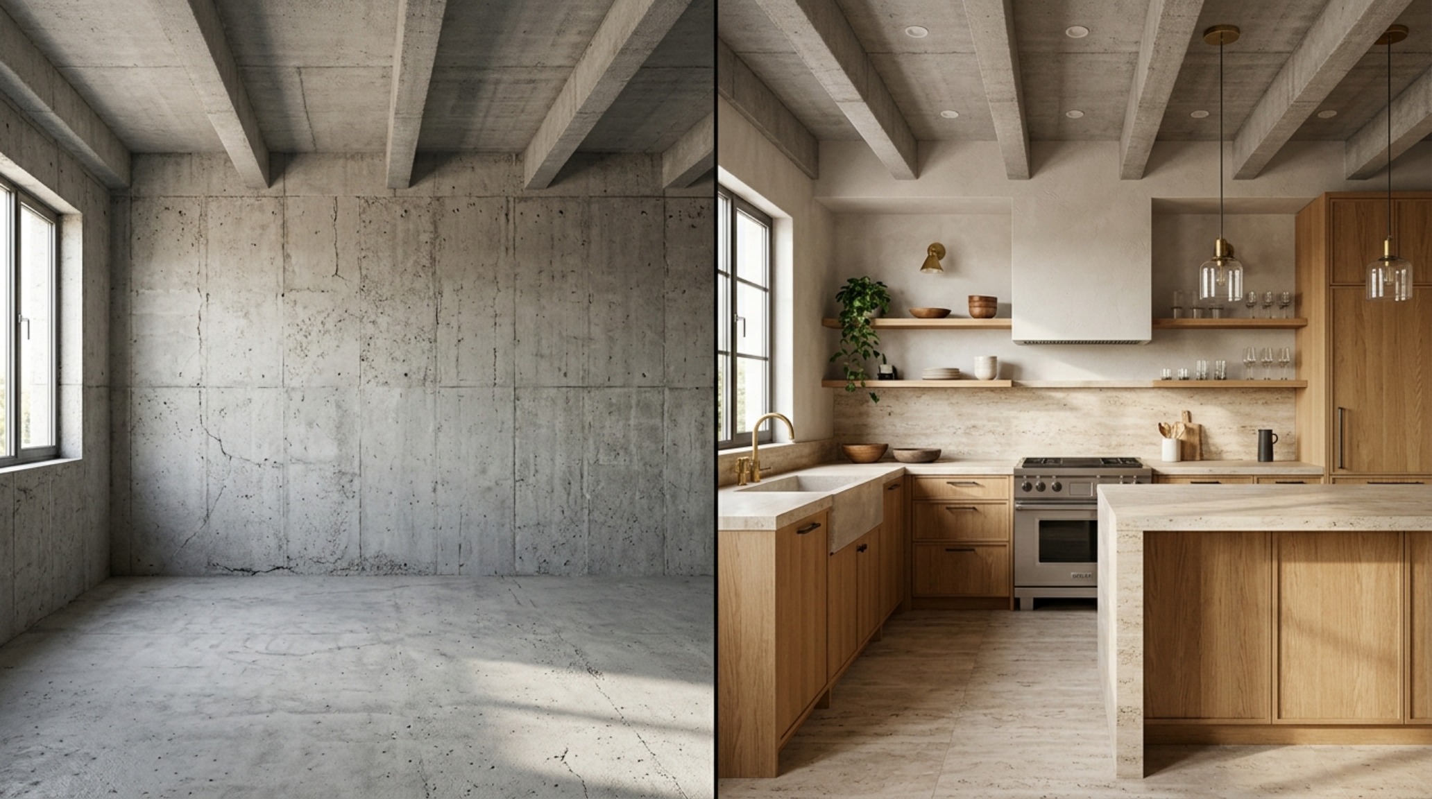 virtual staging software free comparison showing an empty kitchen vs a styled space with honed travertine countertops