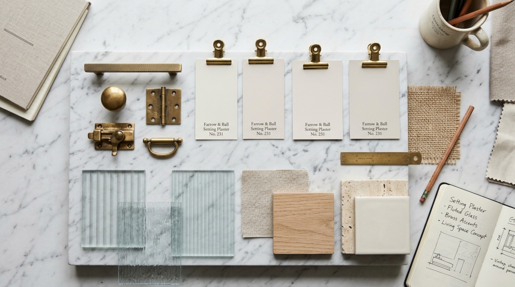 AI interior design generator online result featuring a curated mood board with Farrow & Ball Setting Plaster swatches