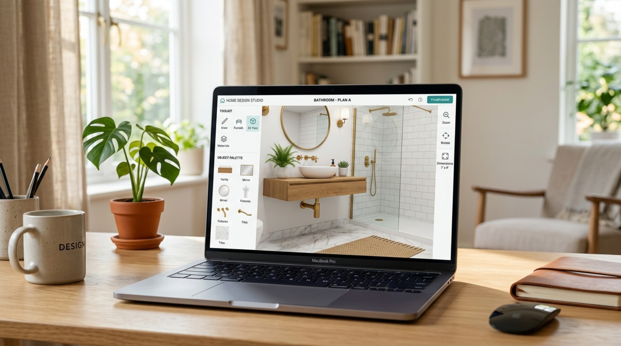 DIY home layout app interface on a laptop showing a bathroom renovation with floating vanity and brass fixtures