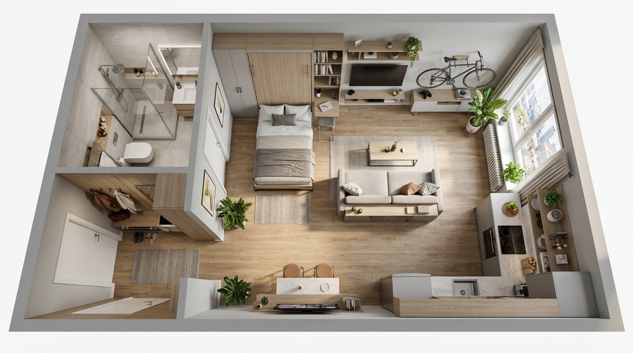 best free floor plan software 2024 3D perspective of a compact studio apartment maximizing every square inch of storage