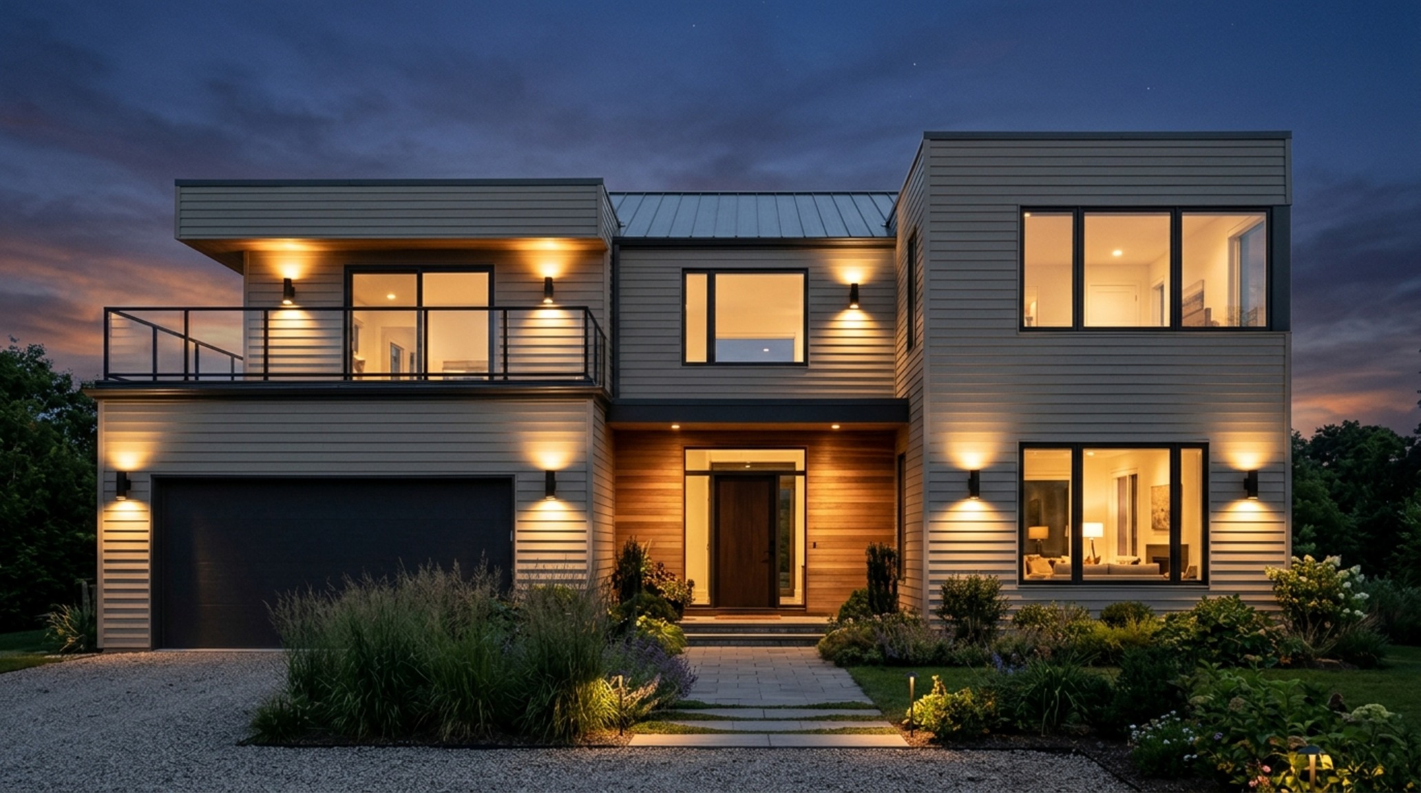 A wide-angle editorial shot of a modern home at dusk where the matte vinyl siding in a mushroom-grey tone demonstrates how can you paint vinyl siding decor ideas to achieve a high-end look.