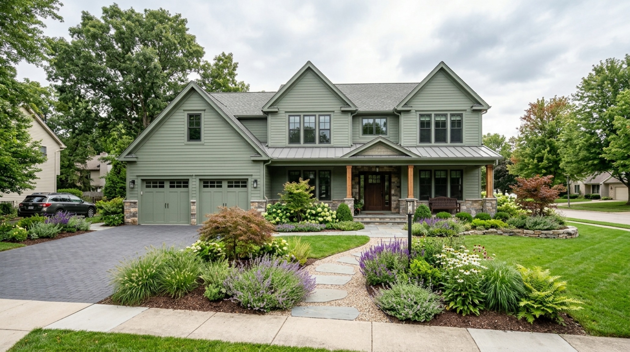 Editorial perspective of a renovated ranch-style home where the vinyl siding painting cost vs replacement logic allowed for luxury upgrades like custom oak doors.
