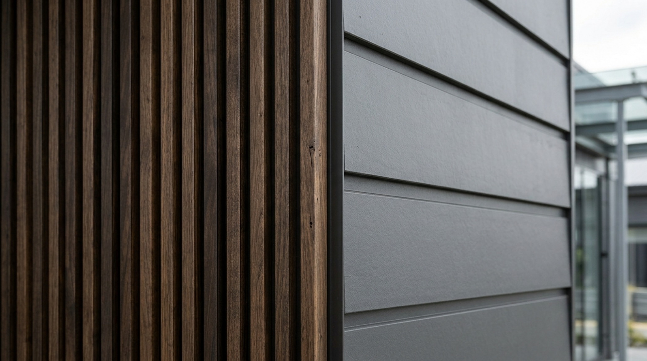 Detail of a fluted oak accent wall meeting a matte-painted vinyl facade, demonstrating the successful fusion of synthetic and organic materials in cozy modern vinyl siding colors.